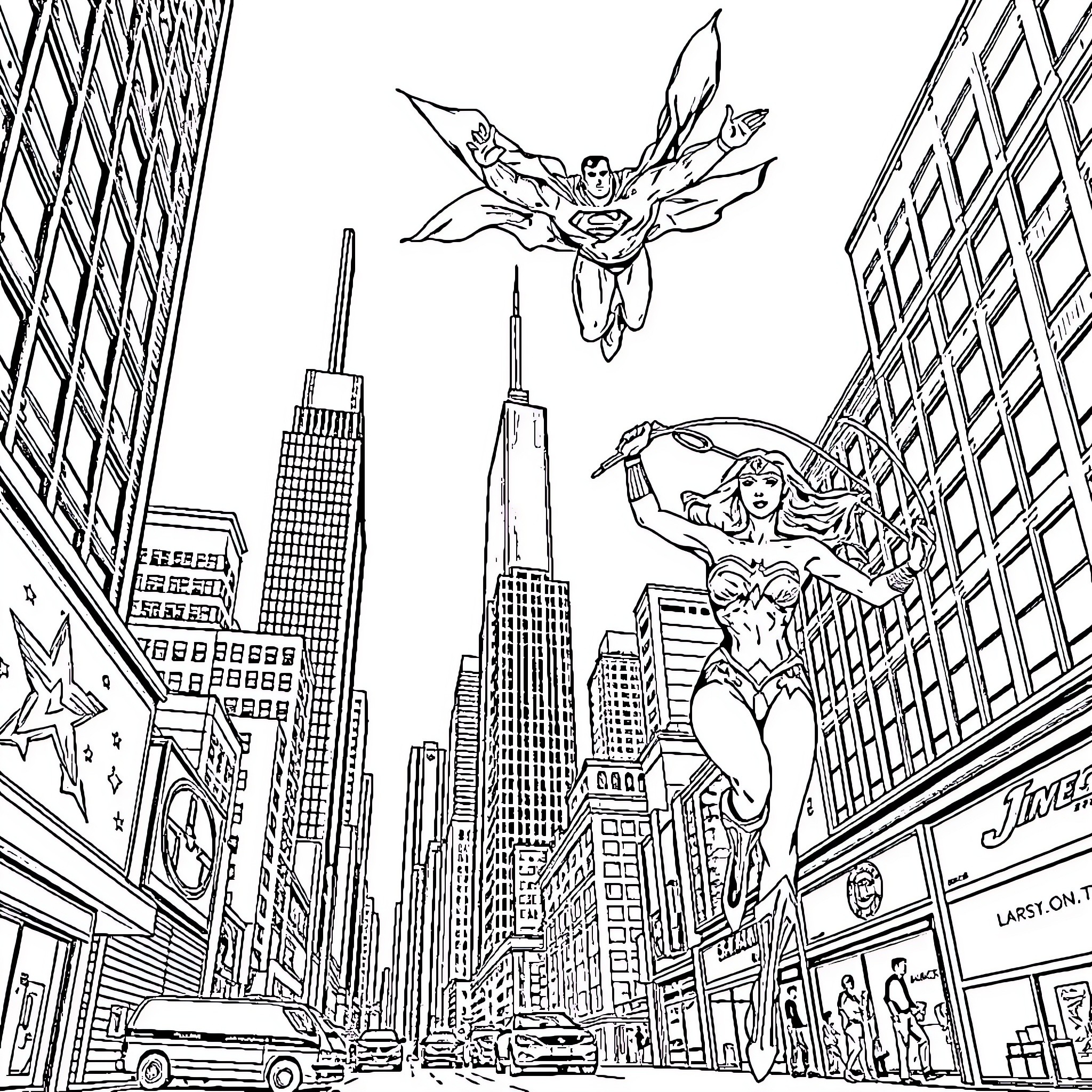 Superman soaring over the city skyline Coloring Page (free black-and-white line drawing printable PDF for all, from beginners to advanced learners, including children, teens, adults, and seniors)