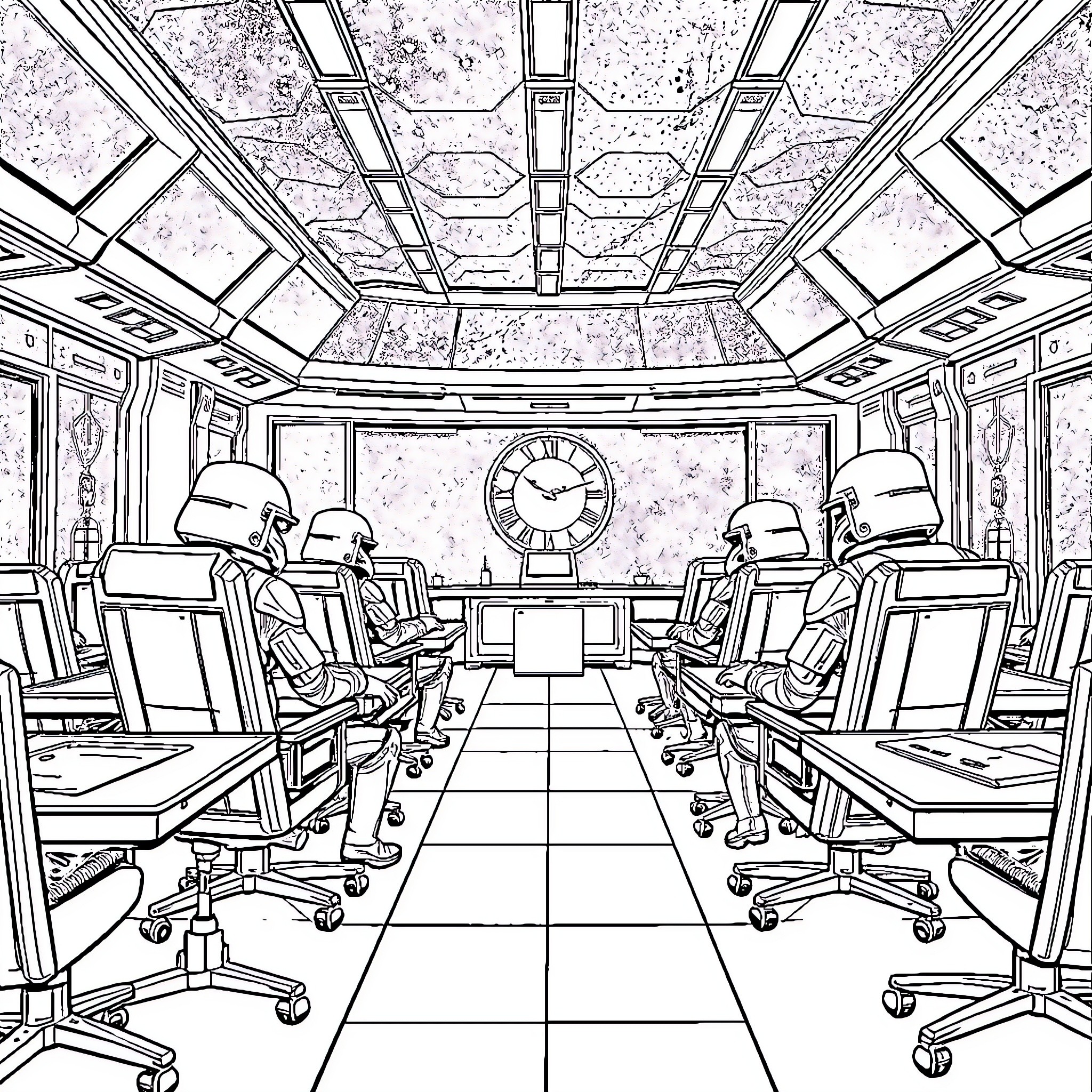 Guardians of the Futuristic Conference Room Coloring Page (free black-and-white line drawing printable PDF for all, from beginners to advanced learners, including children, teens, adults, and seniors)