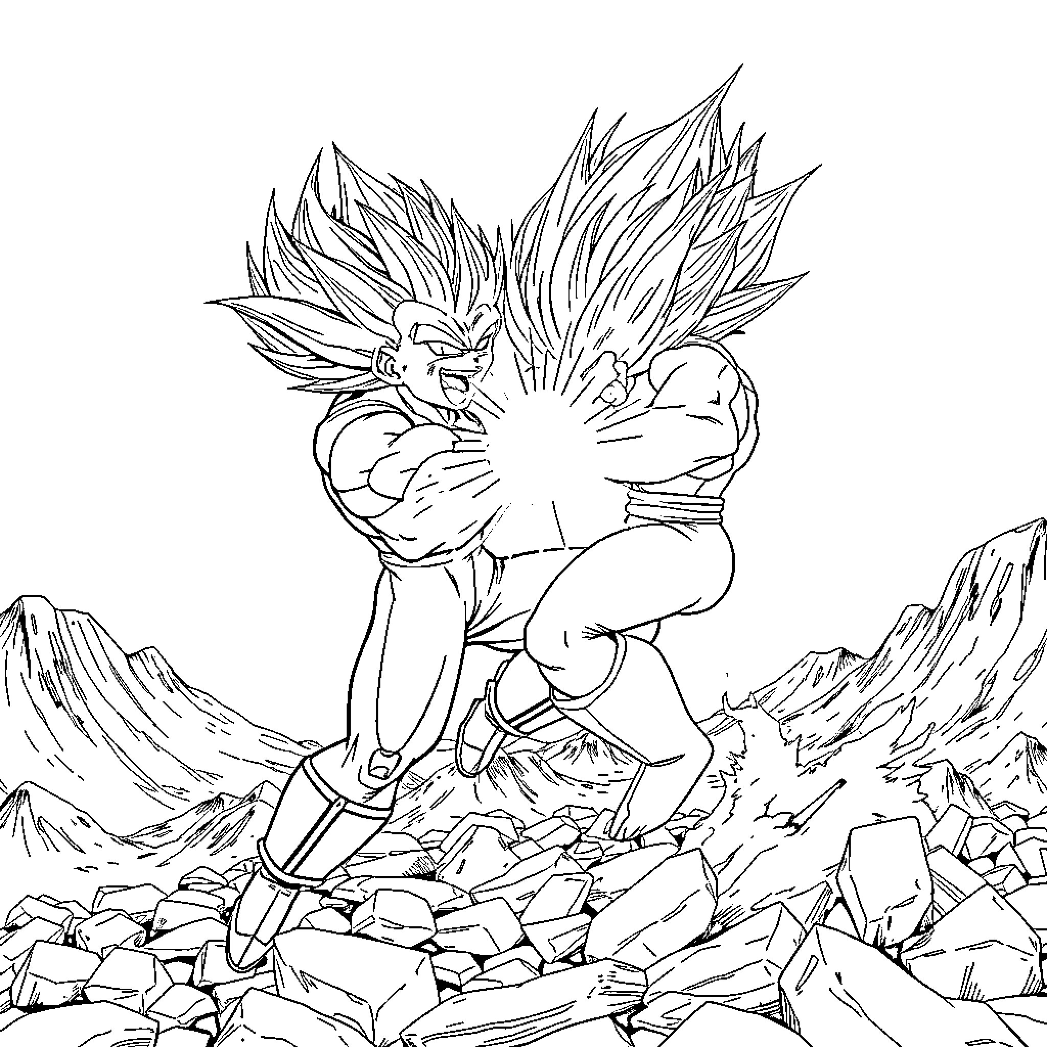 Vegeta in fierce combat stance Coloring Page (free black-and-white line drawing printable PDF for all, from beginners to advanced learners, including children, teens, adults, and seniors)