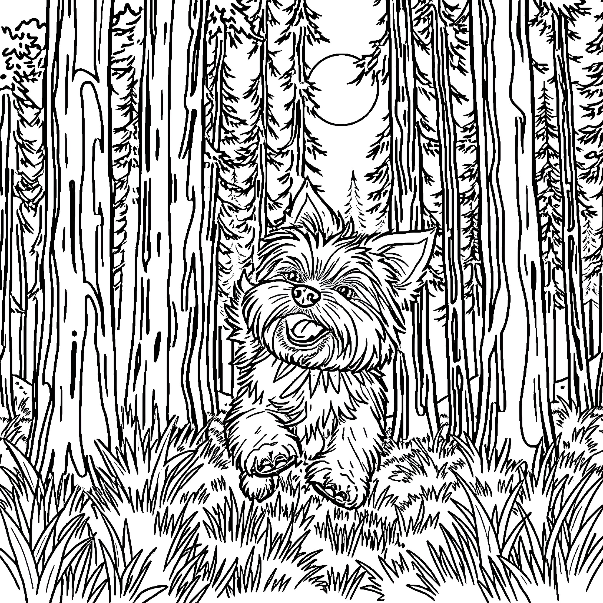 Yorkie exploring the enchanted forest Coloring Page (free black-and-white line drawing printable PDF for all, from beginners to advanced learners, including children, teens, adults, and seniors)