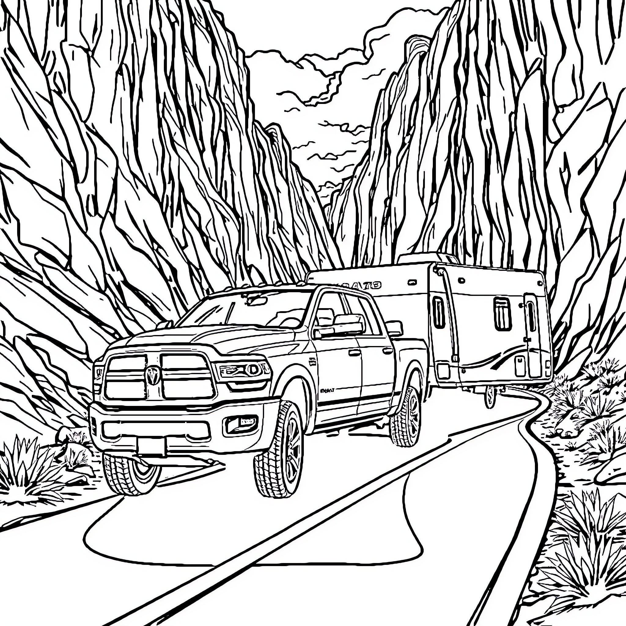 Truck navigating through rugged mountain terrain Coloring Page (free black-and-white line drawing printable PDF for all, from beginners to advanced learners, including children, teens, adults, and seniors)