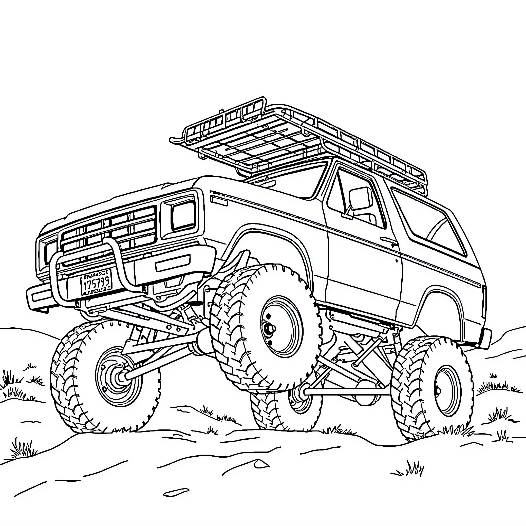 Bronco off-road adventure in the wild Coloring Page (free black-and-white line drawing printable PDF for all, from beginners to advanced learners, including children, teens, adults, and seniors)