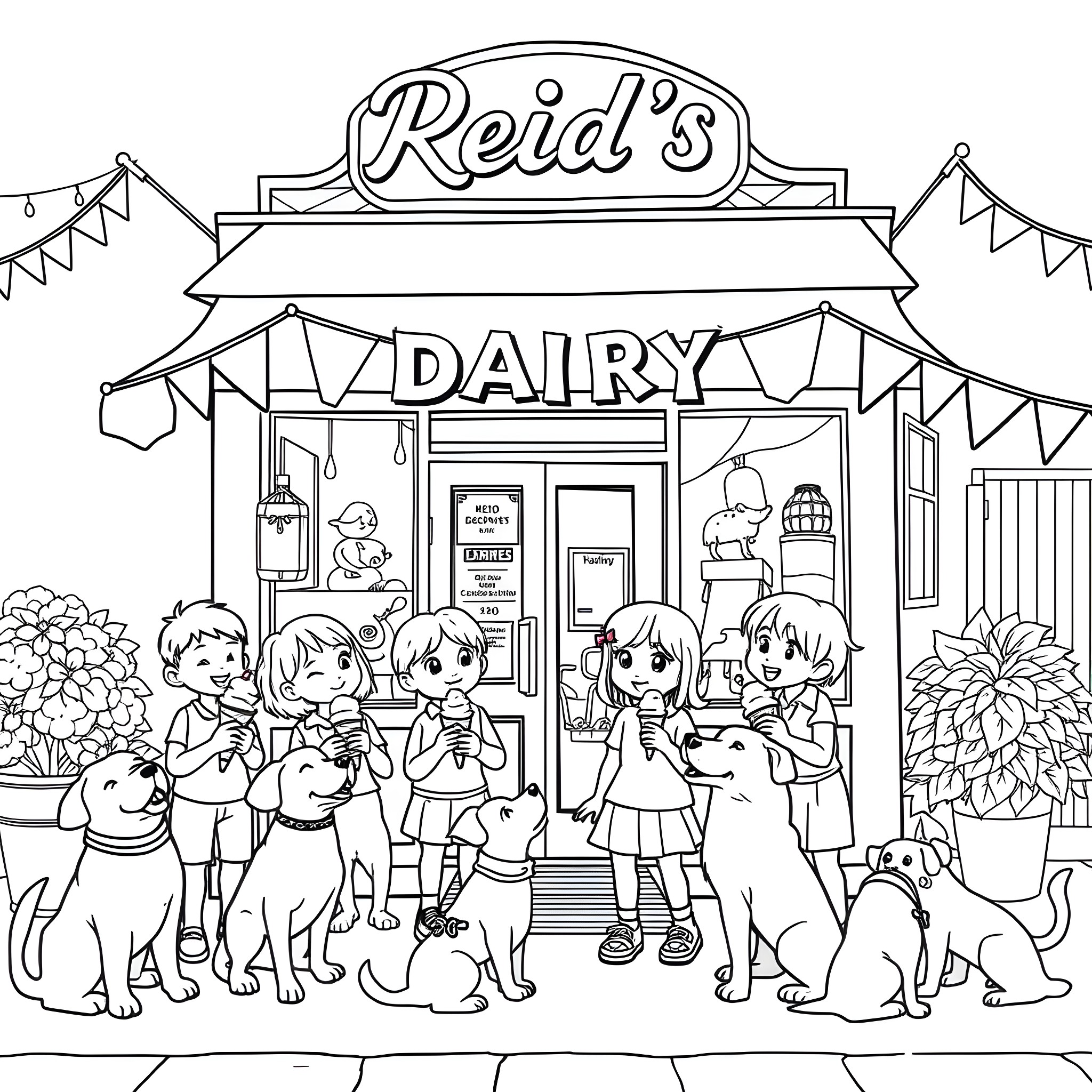 Kid enjoying ice cream at the local dairy shop Coloring Page (free black-and-white line drawing printable PDF for all, from beginners to advanced learners, including children, teens, adults, and seniors)