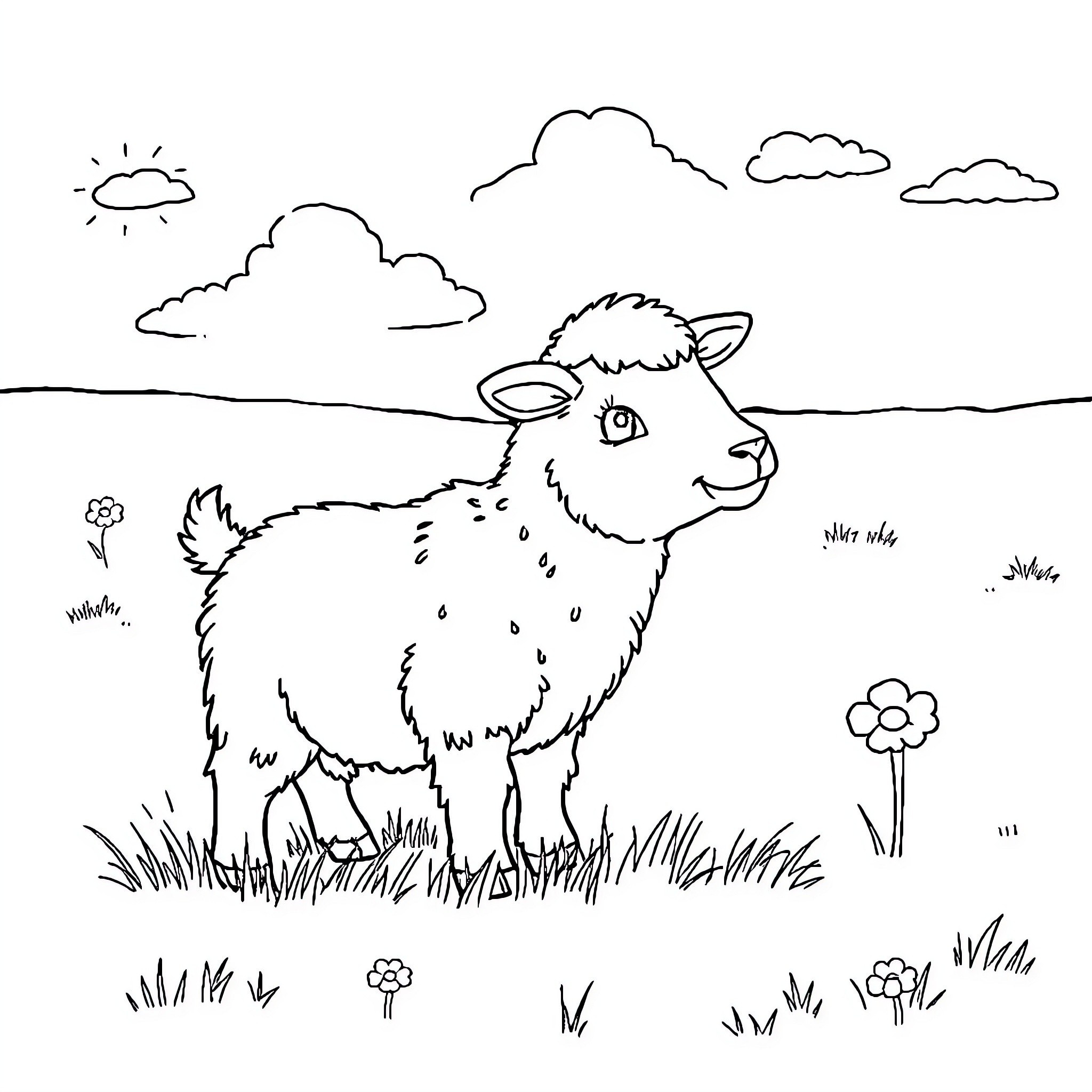 Shetland sheep grazing peacefully in the meadow Coloring Page (free black-and-white line drawing printable PDF for all, from beginners to advanced learners, including children, teens, adults, and seniors)
