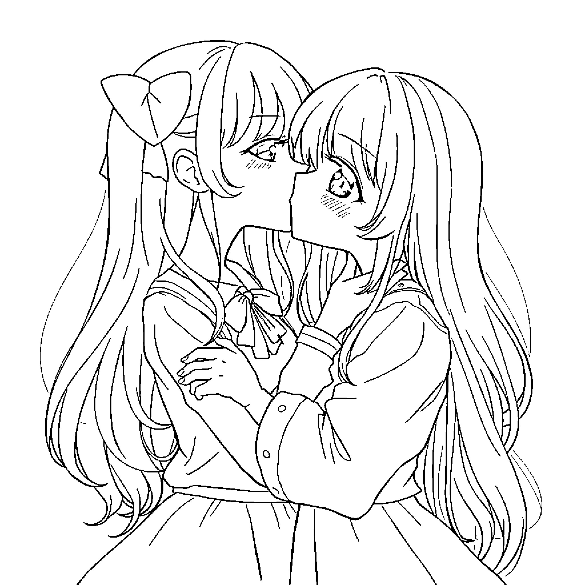 Anime Girl Embracing in a Tender Moment Coloring Page (free black-and-white line drawing printable PDF for all, from beginners to advanced learners, including children, teens, adults, and seniors)