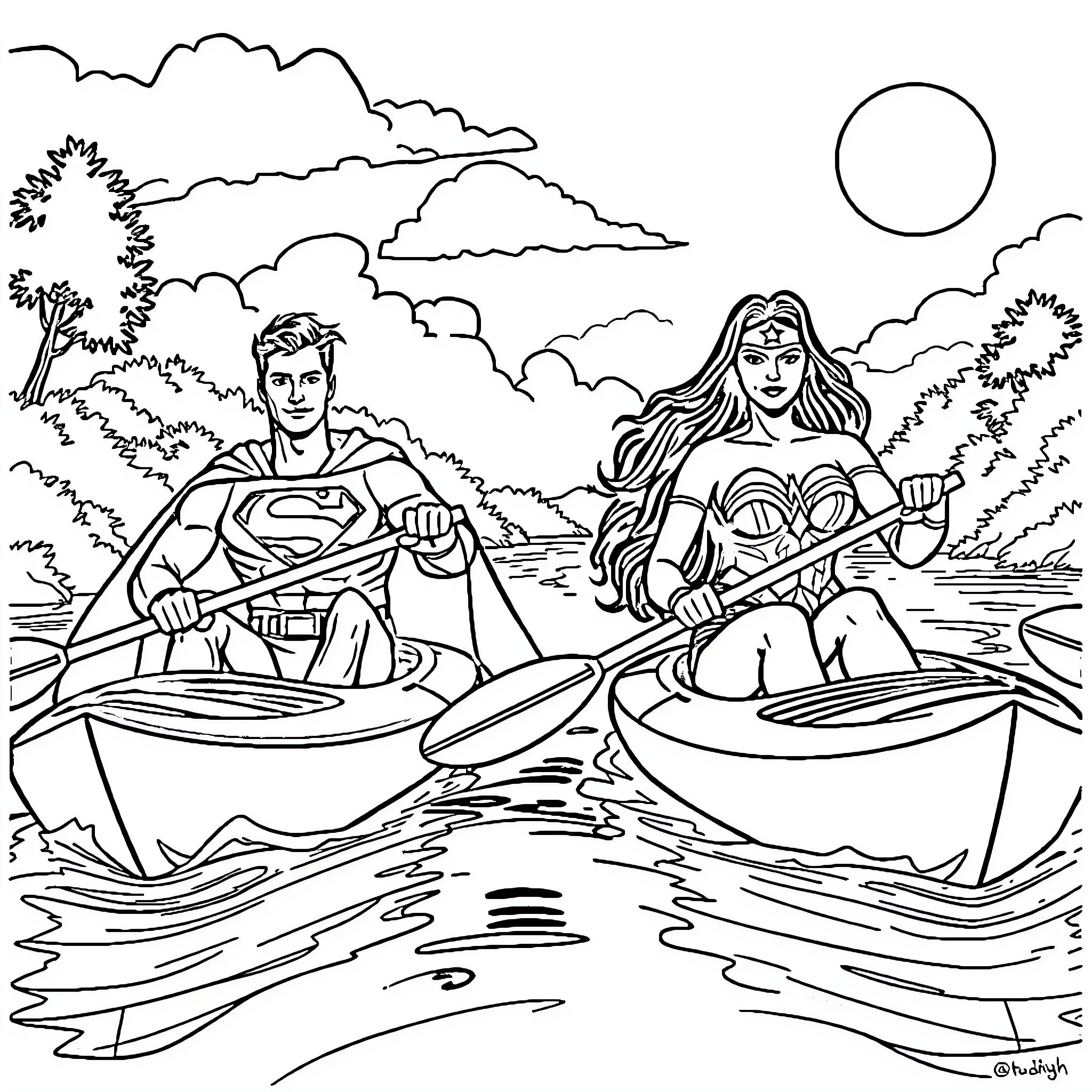 Superman and Wonder Woman Kayaking in the Wilderness Coloring Page (free black-and-white line drawing printable PDF for all, from beginners to advanced learners, including children, teens, adults, and seniors)