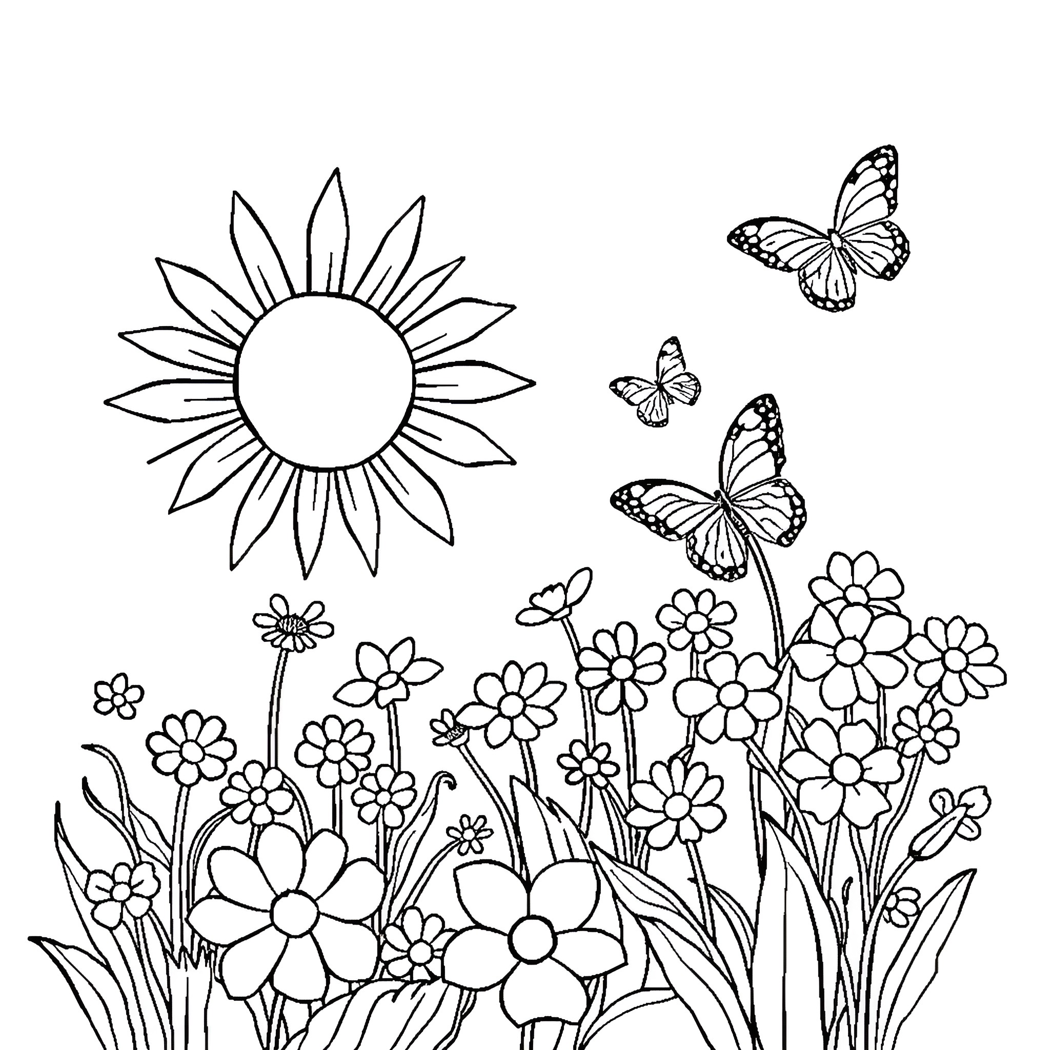Card with Floral and Butterfly Illustration Coloring Page (free black-and-white line drawing printable PDF for all, from beginners to advanced learners, including children, teens, adults, and seniors)