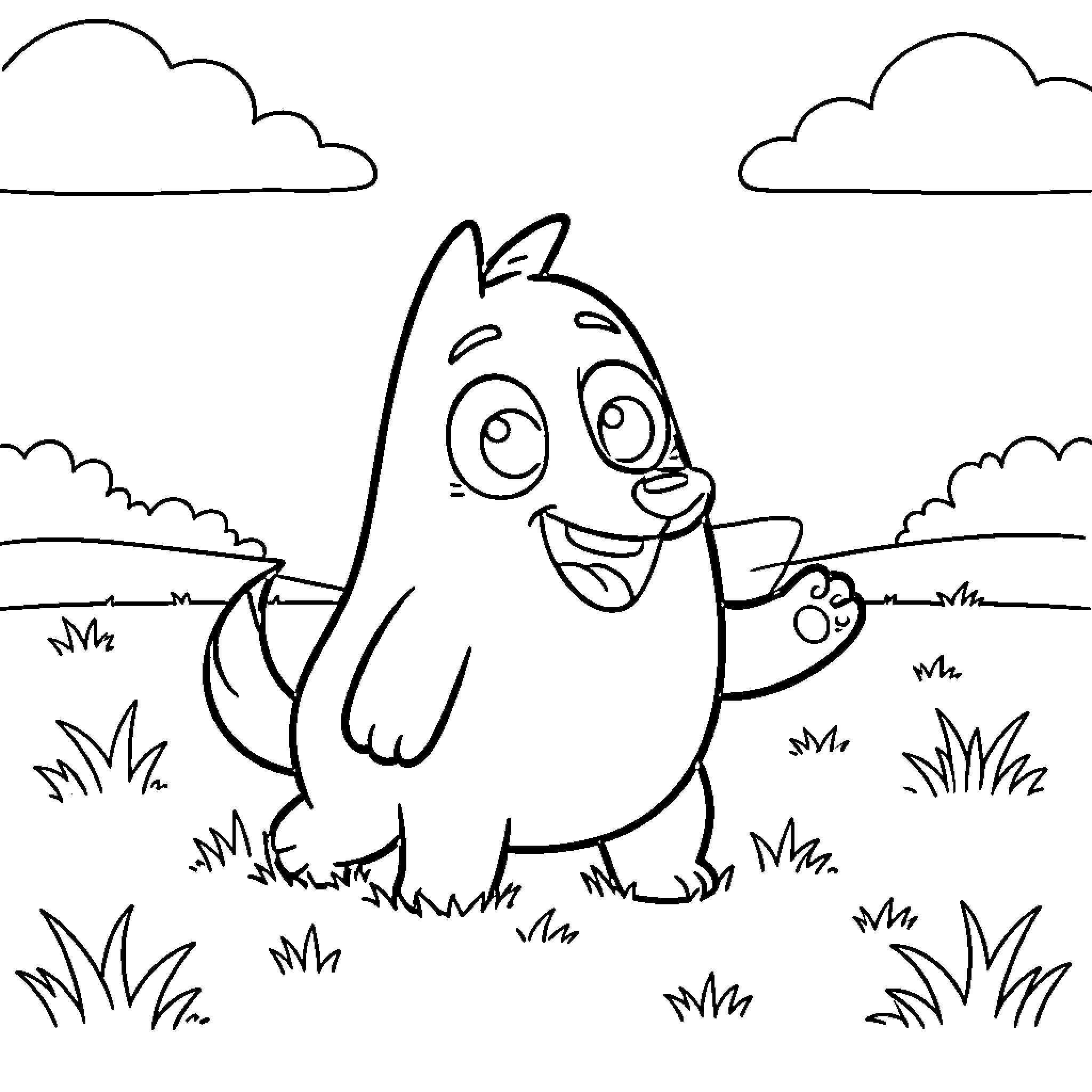 Bluey exploring the outdoors with a happy expression Coloring Page (free black-and-white line drawing printable PDF for all, from beginners to advanced learners, including children, teens, adults, and seniors)