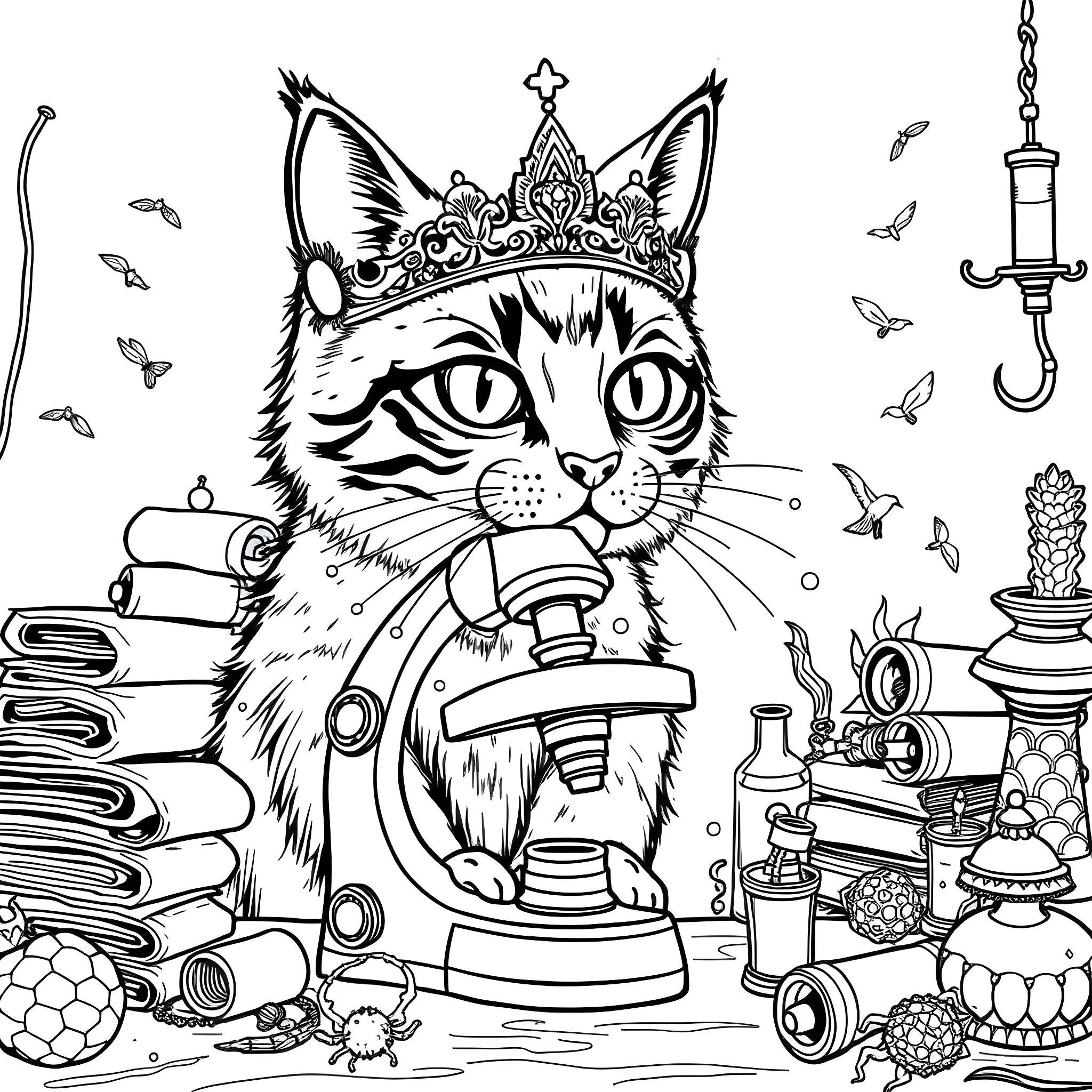 Cat wearing a crown surrounded by laboratory equipment Coloring Page (free black-and-white line drawing printable PDF for all, from beginners to advanced learners, including children, teens, adults, and seniors)