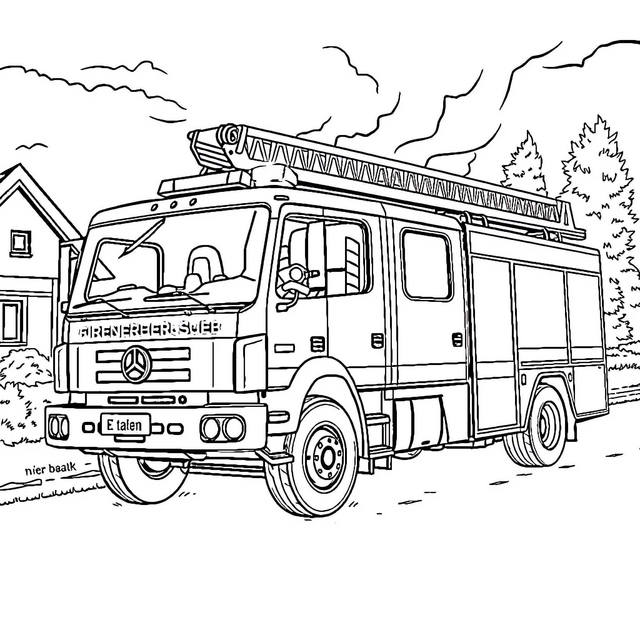 Fire Truck Responding to Emergency with Siren and Lights Coloring Page (free black-and-white line drawing printable PDF for all, from beginners to advanced learners, including children, teens, adults, and seniors)