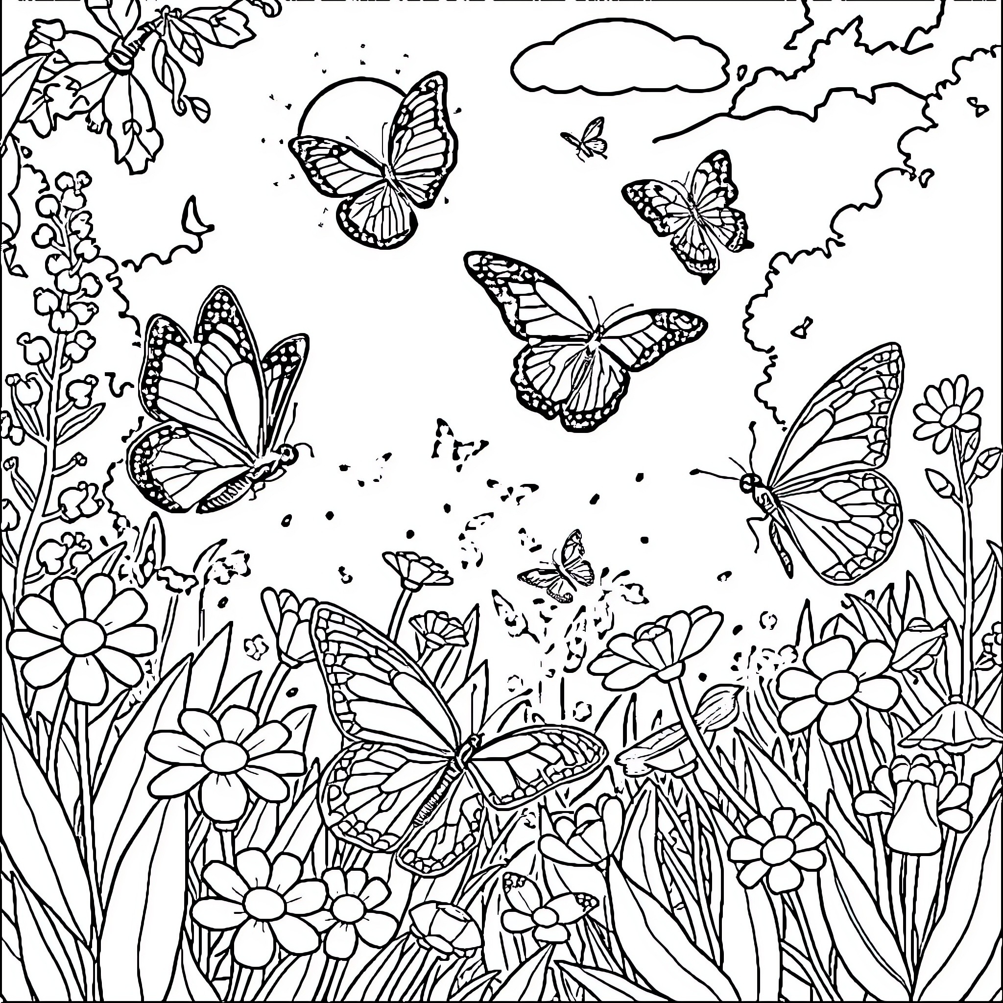 Butterfly Garden with Blooming Flowers Coloring Page (free black-and-white line drawing printable PDF for all, from beginners to advanced learners, including children, teens, adults, and seniors)