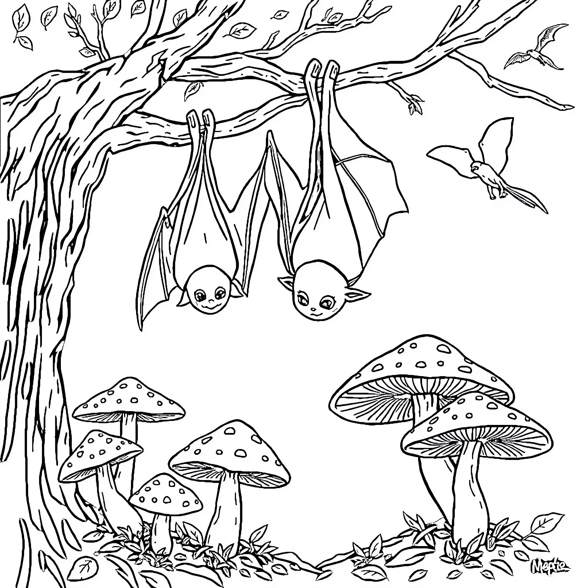 Bat Hanging Upside Down in Mystical Forest Coloring Page (free black-and-white line drawing printable PDF for all, from beginners to advanced learners, including children, teens, adults, and seniors)