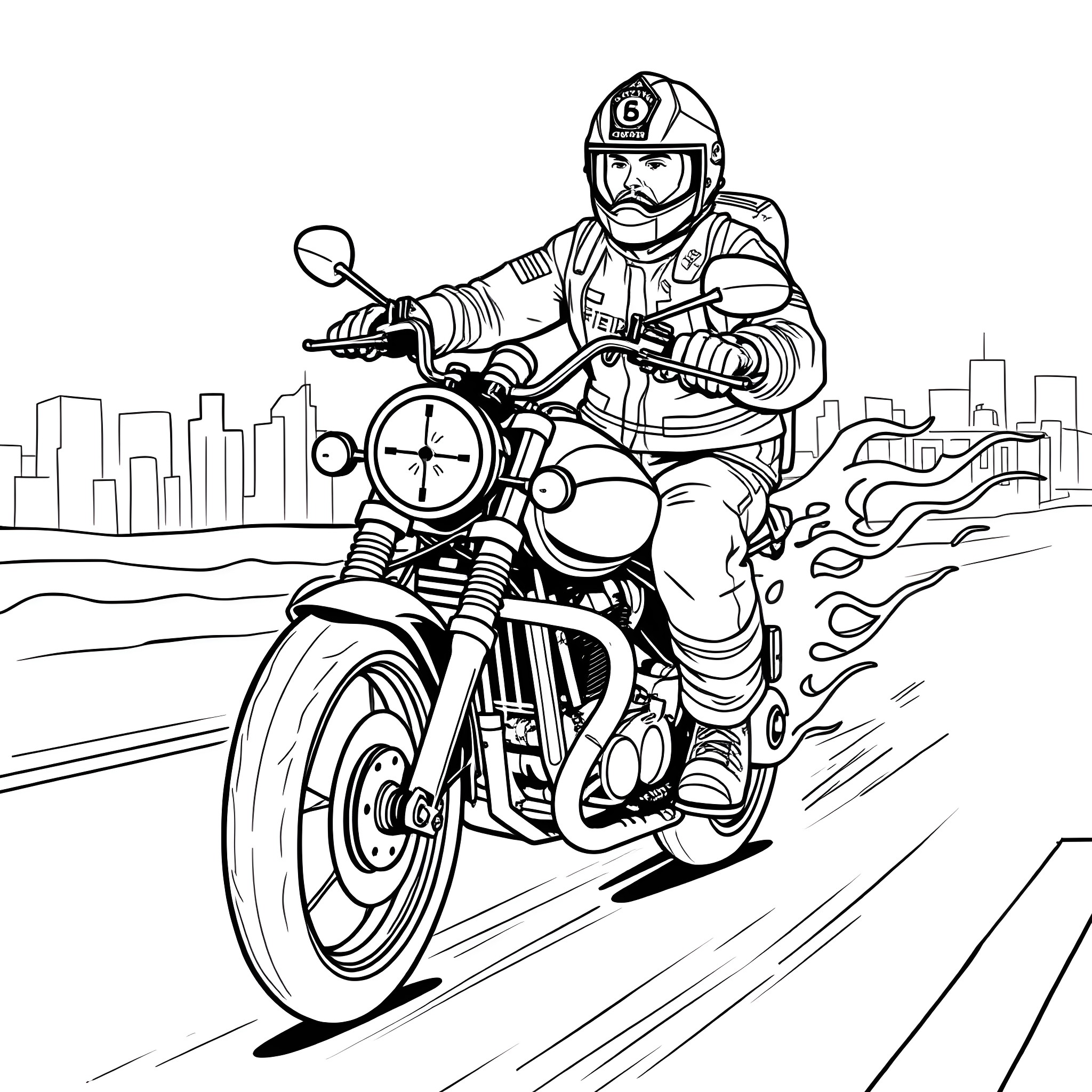 Fireman riding motorcycle through the city Coloring Page (free black-and-white line drawing printable PDF for all, from beginners to advanced learners, including children, teens, adults, and seniors)