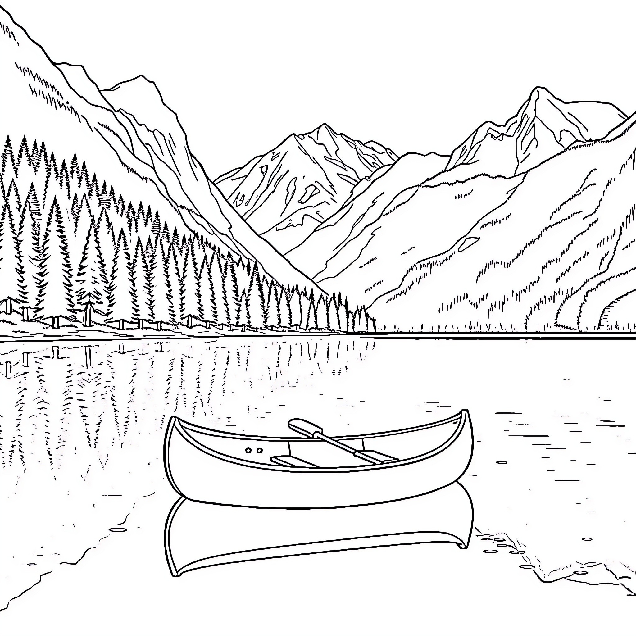 Canoe floating peacefully on serene mountain lake Coloring Page (free black-and-white line drawing printable PDF for all, from beginners to advanced learners, including children, teens, adults, and seniors)