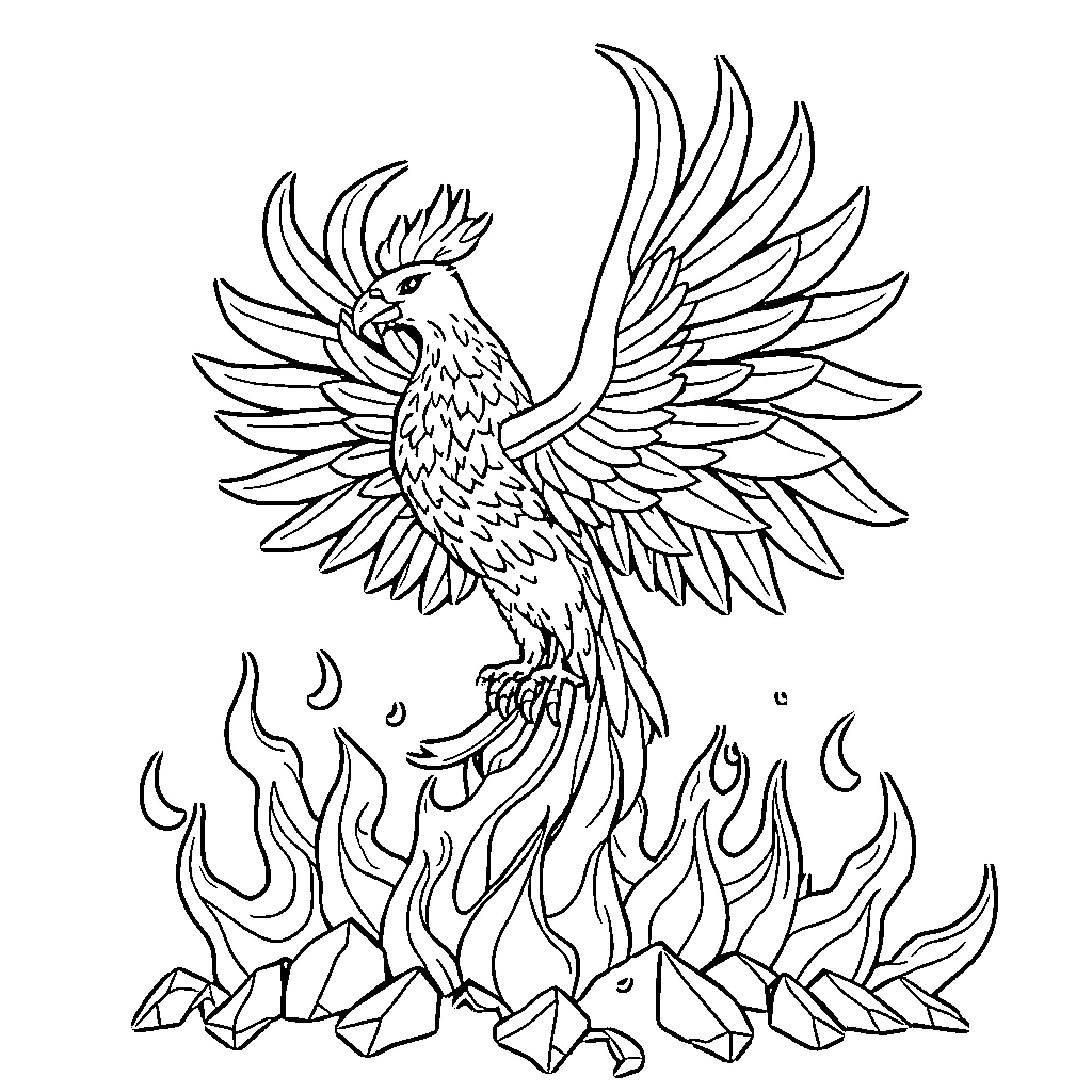 Phoenix rising from the ashes in a fiery scene Coloring Page (free black-and-white line drawing printable PDF for all, from beginners to advanced learners, including children, teens, adults, and seniors)