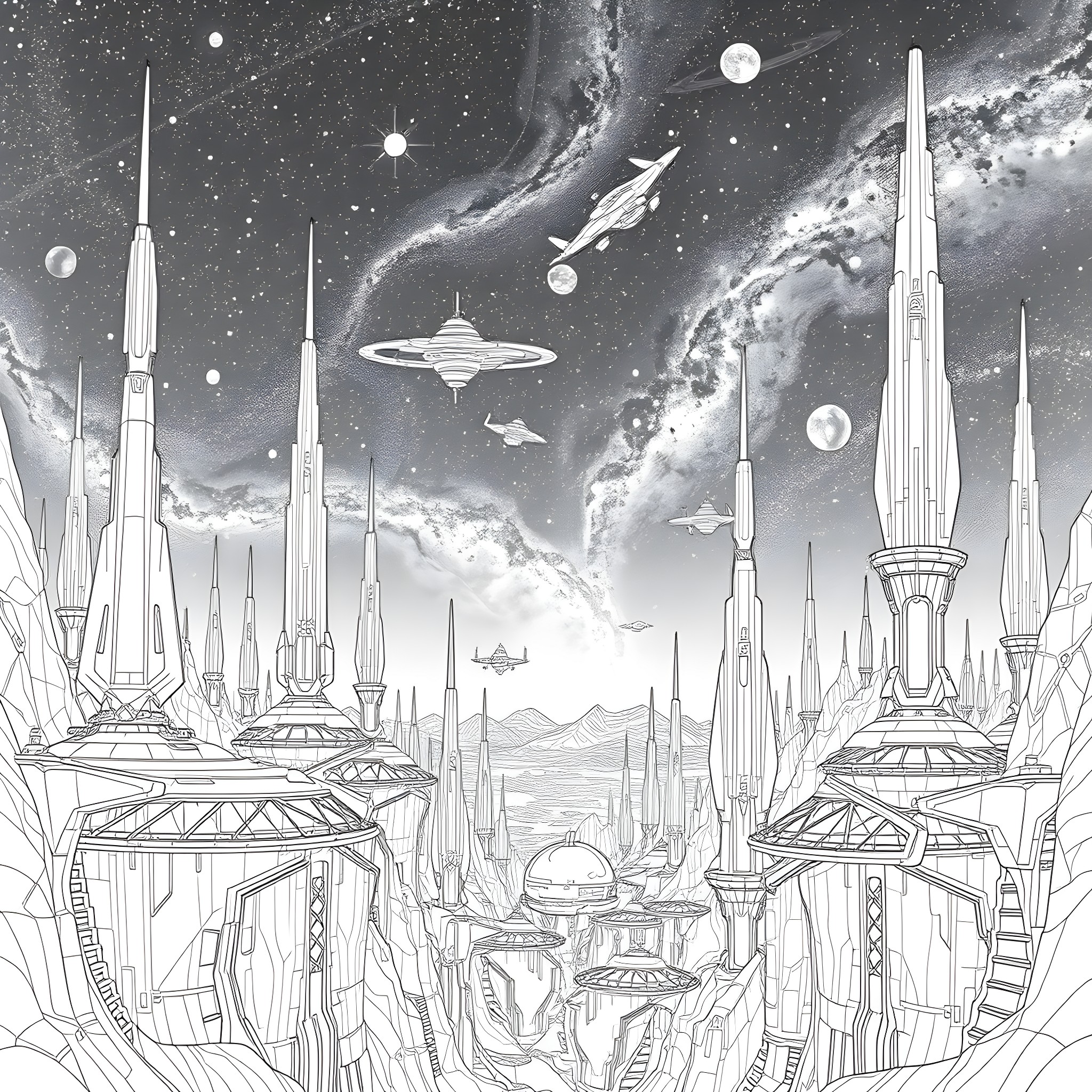 World of Futuristic Spaceships and Towers Coloring Page (free black-and-white line drawing printable PDF for all, from beginners to advanced learners, including children, teens, adults, and seniors)