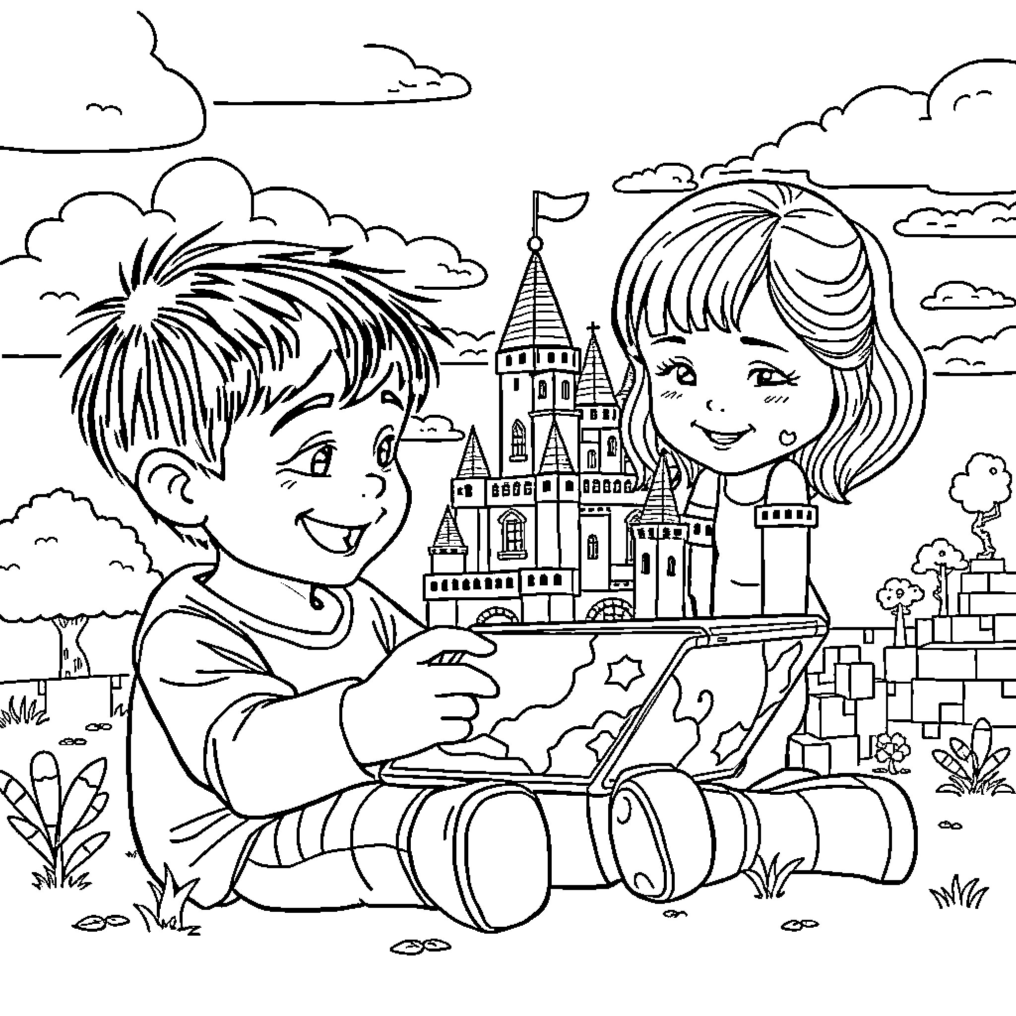 Child creating a drawing of a castle landscape Coloring Page (free black-and-white line drawing printable PDF for all, from beginners to advanced learners, including children, teens, adults, and seniors)
