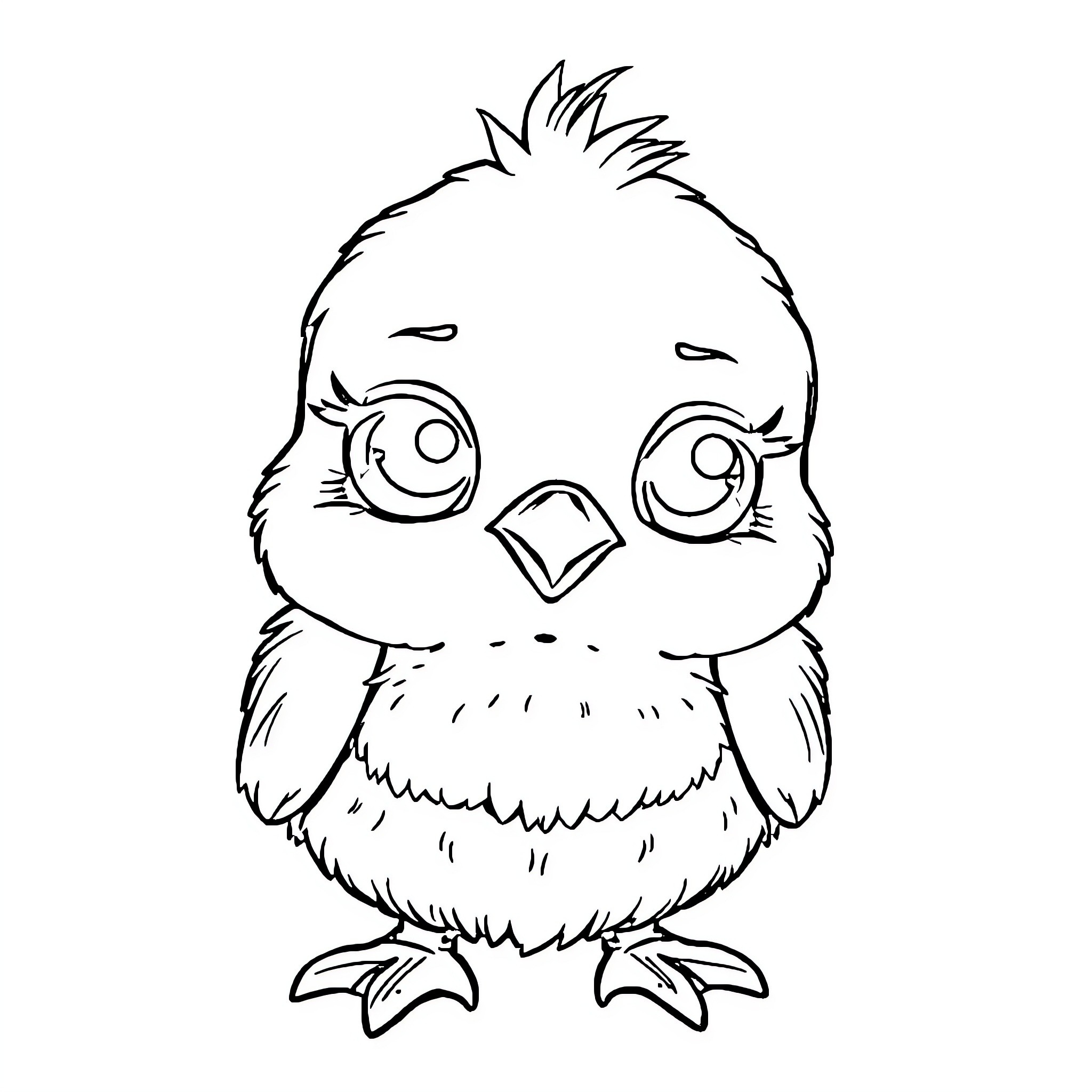 Doll-like chick with big eyes and curious expression Coloring Page (free black-and-white line drawing printable PDF for all, from beginners to advanced learners, including children, teens, adults, and seniors)