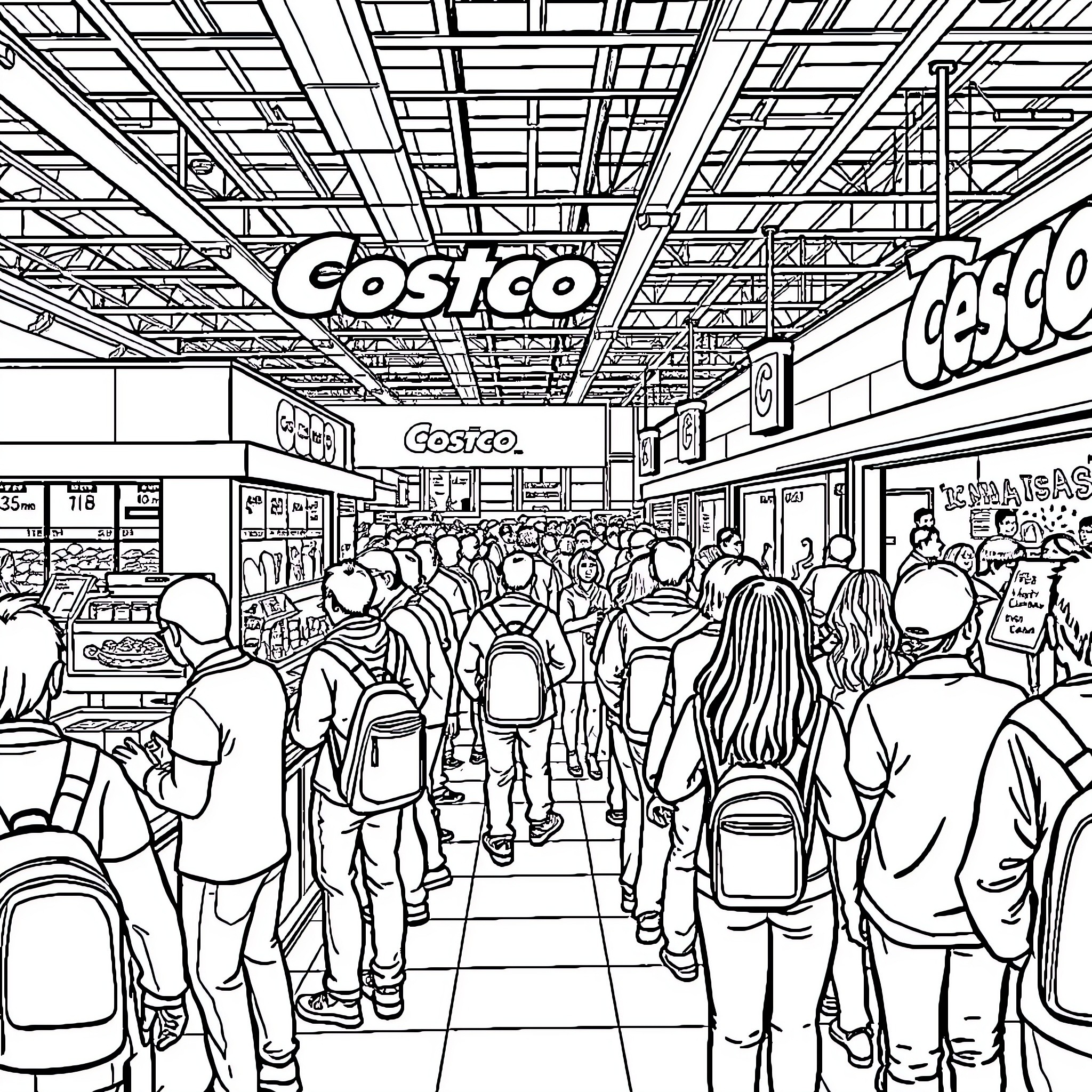 Costco store interior with crowded shopping aisles Coloring Page (free black-and-white line drawing printable PDF for all, from beginners to advanced learners, including children, teens, adults, and seniors)