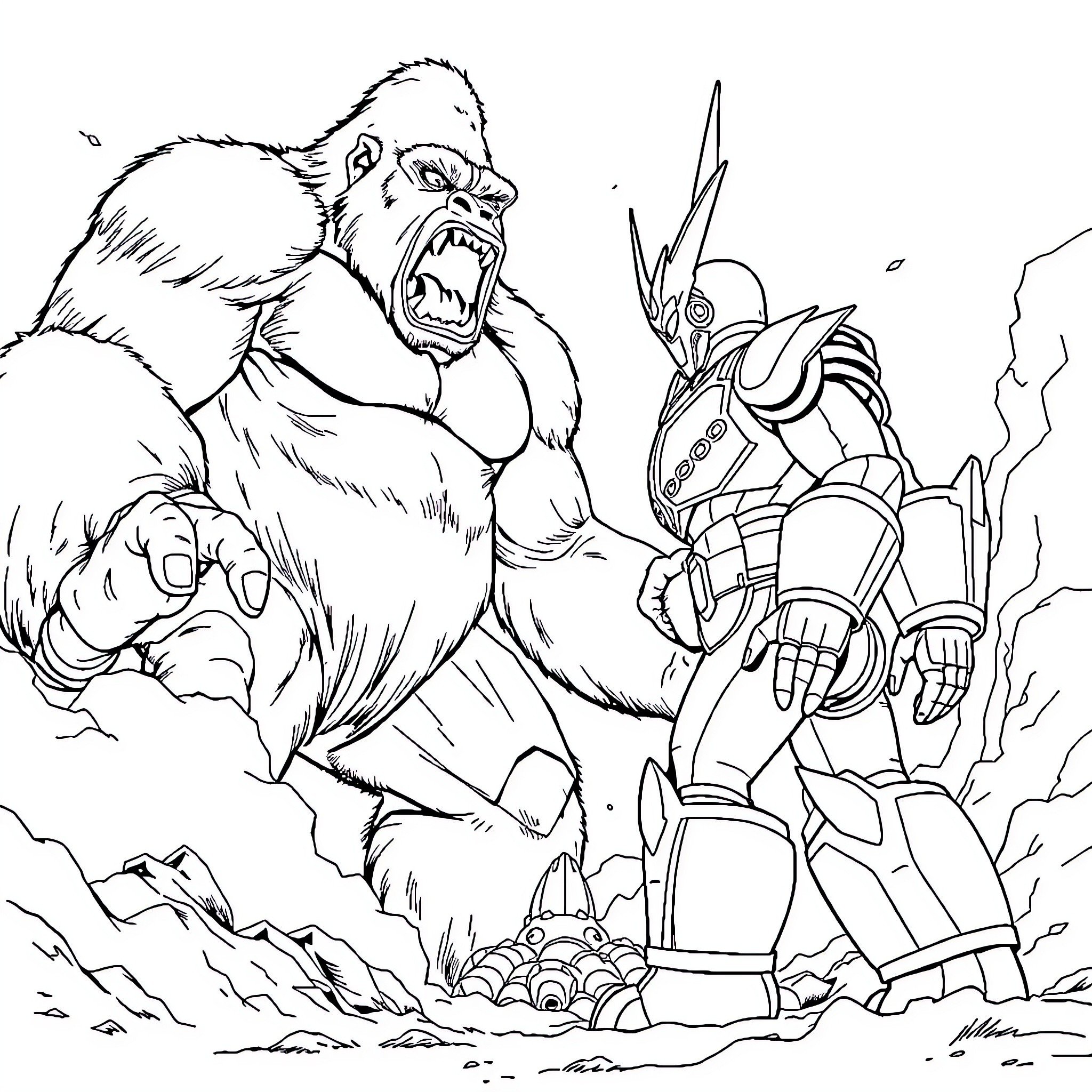 Ultraman battling a fearsome giant monster Coloring Page (free black-and-white line drawing printable PDF for all, from beginners to advanced learners, including children, teens, adults, and seniors)