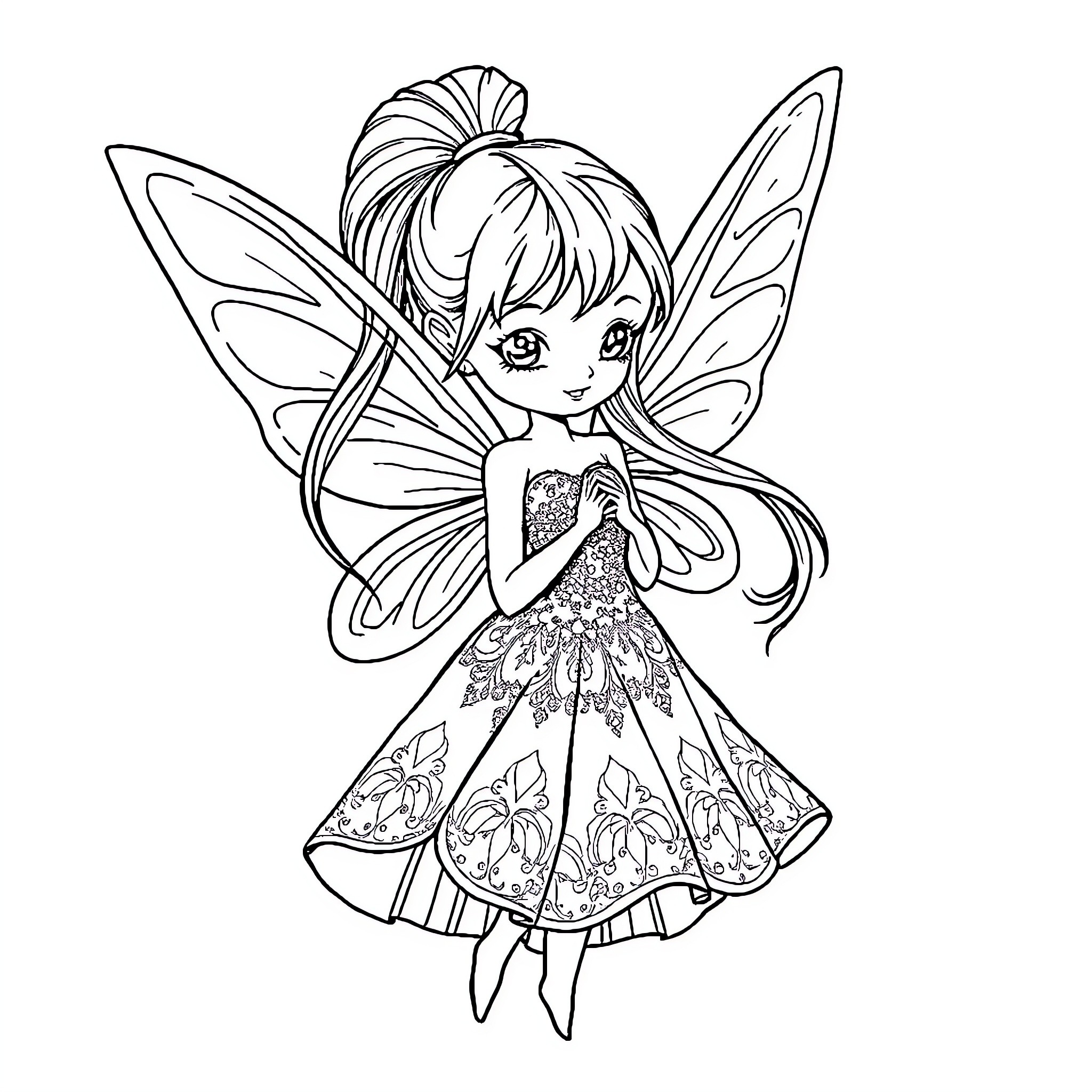 Fairy in Whimsical Floral Dress and Wings Coloring Page (free black-and-white line drawing printable PDF for all, from beginners to advanced learners, including children, teens, adults, and seniors)