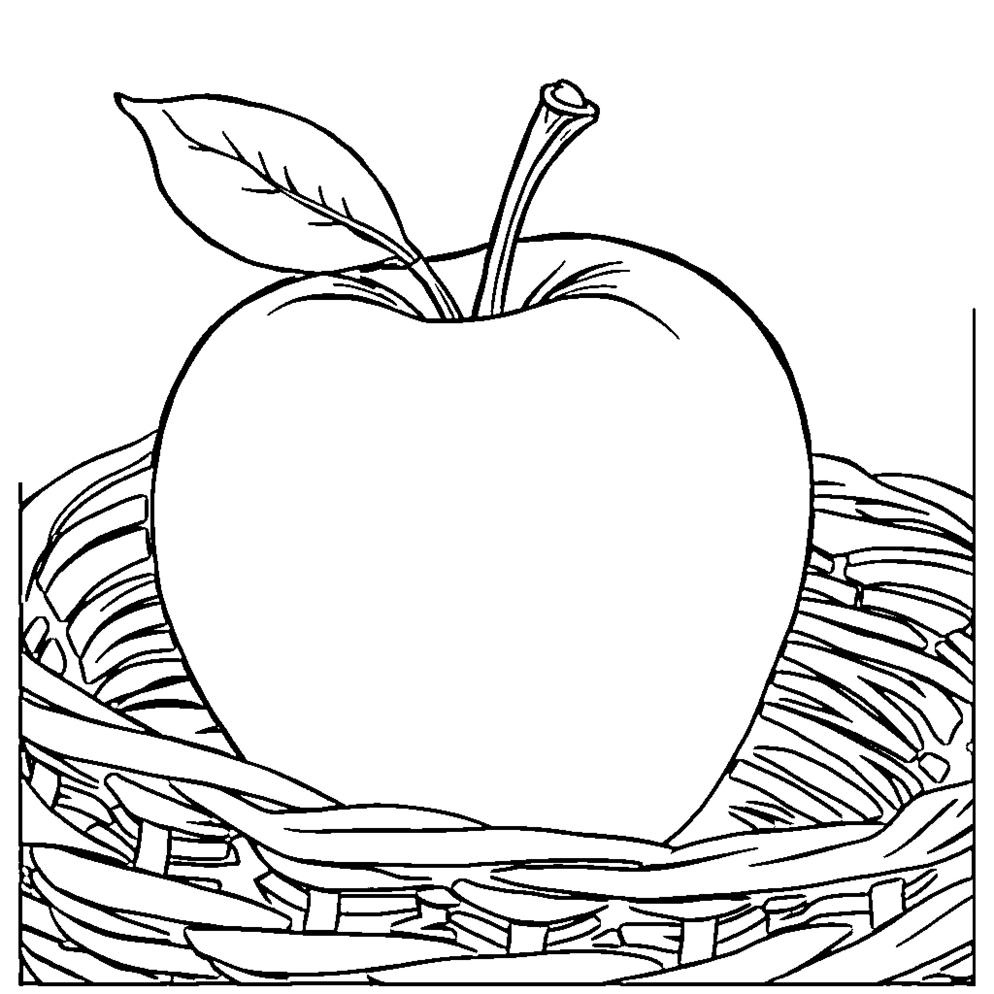 Apple in a woven basket Coloring Page (free black-and-white line drawing printable PDF for all, from beginners to advanced learners, including children, teens, adults, and seniors)