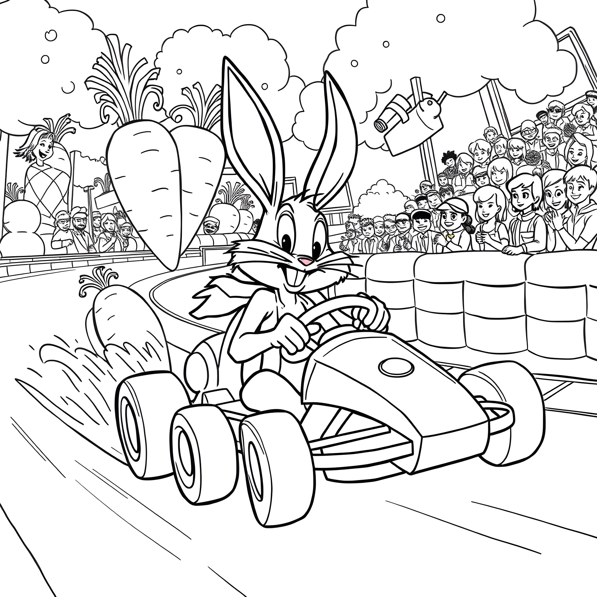 Bugs Bunny Racing in a Cartoon Racetrack Coloring Page (free black-and-white line drawing printable PDF for all, from beginners to advanced learners, including children, teens, adults, and seniors)