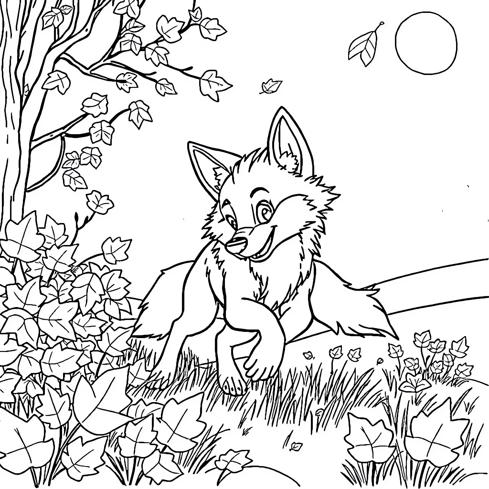 Wolf resting peacefully in autumn nature Coloring Page (free black-and-white line drawing printable PDF for all, from beginners to advanced learners, including children, teens, adults, and seniors)