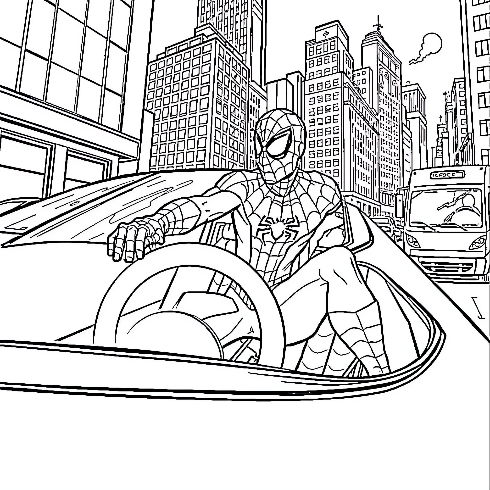 Spiderman swinging through the city on his web Coloring Page (free black-and-white line drawing printable PDF for all, from beginners to advanced learners, including children, teens, adults, and seniors)