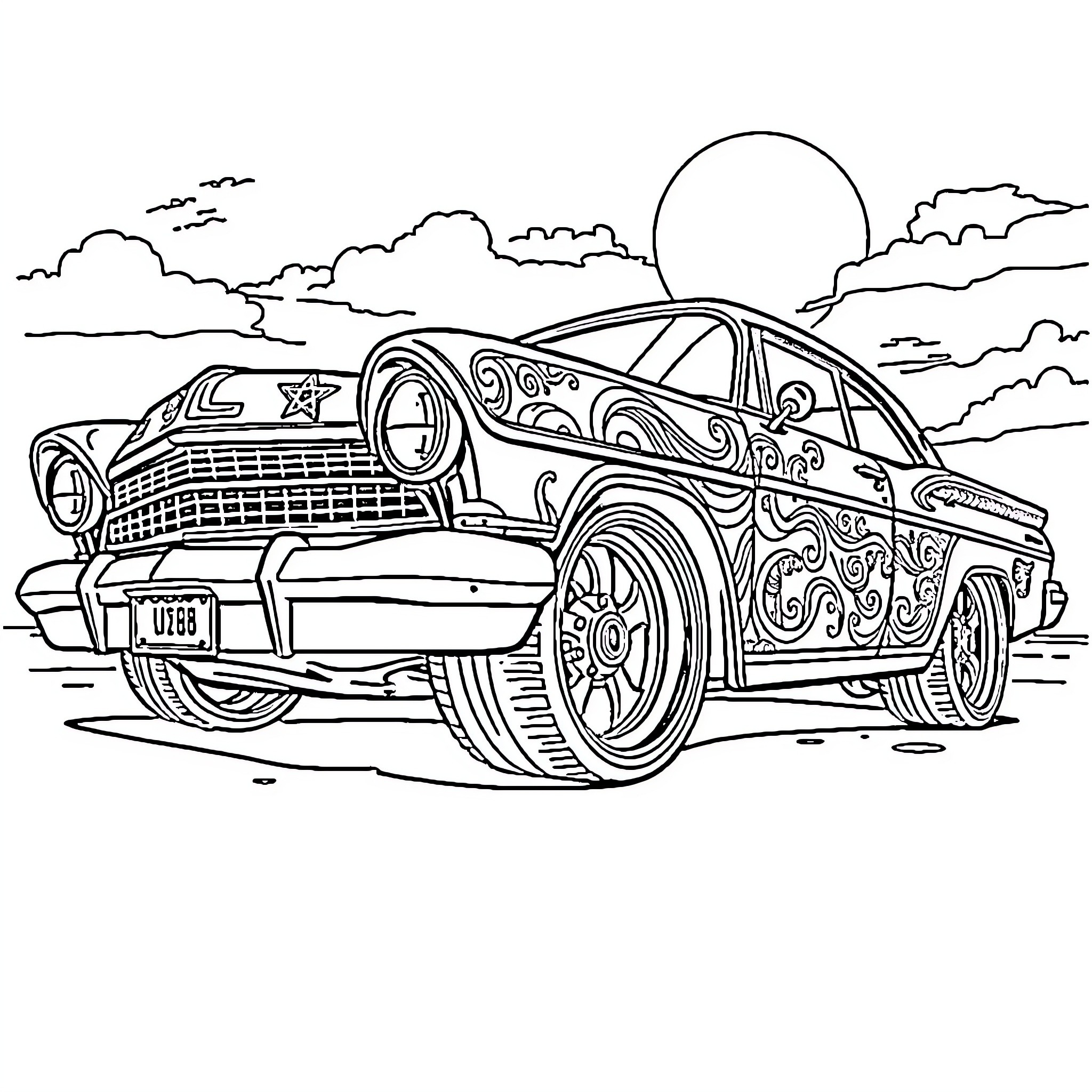 Lowrider with intricate custom designs in motion Coloring Page (free black-and-white line drawing printable PDF for all, from beginners to advanced learners, including children, teens, adults, and seniors)