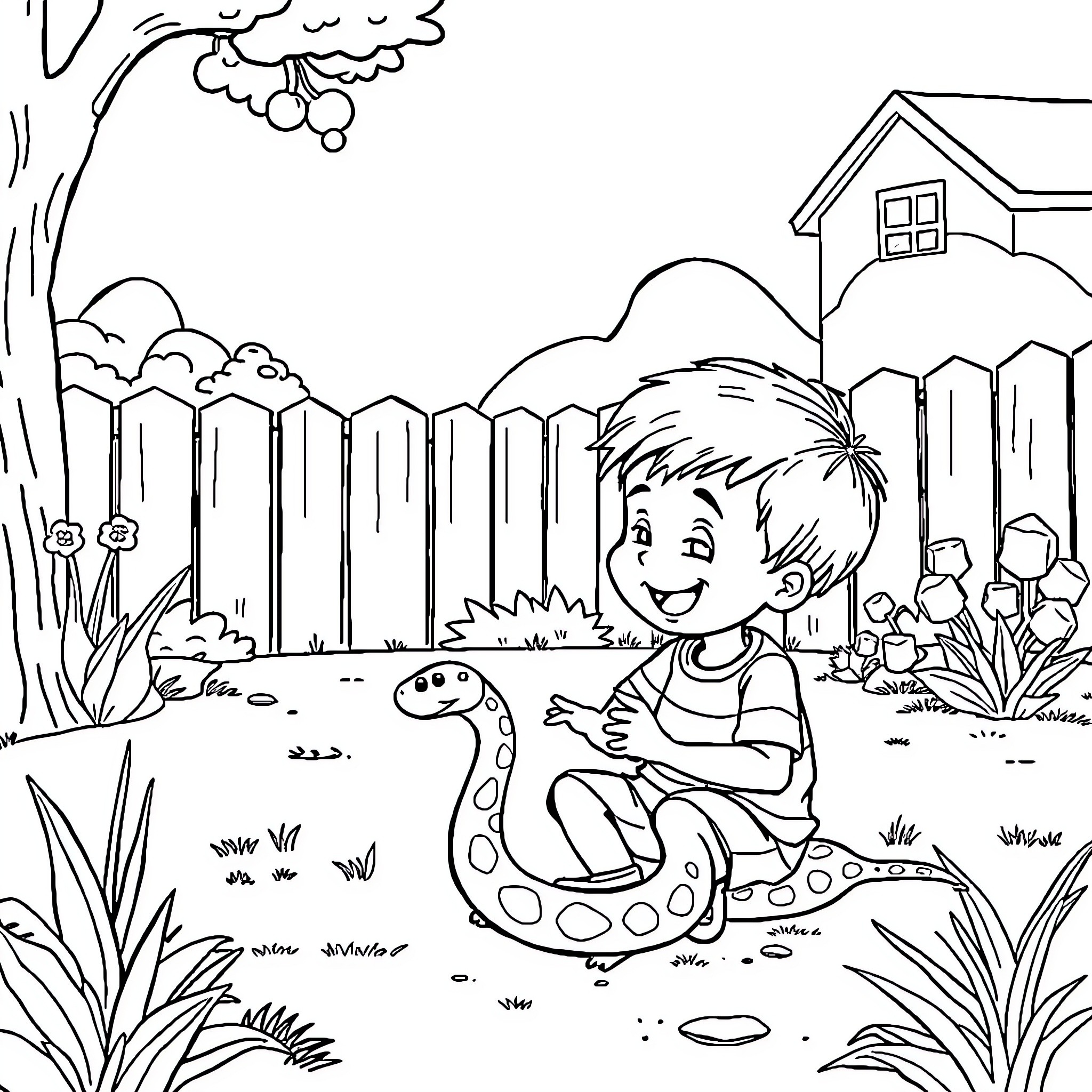 Boy plays joyfully with toy dinosaur in backyard Coloring Page (free black-and-white line drawing printable PDF for all, from beginners to advanced learners, including children, teens, adults, and seniors)