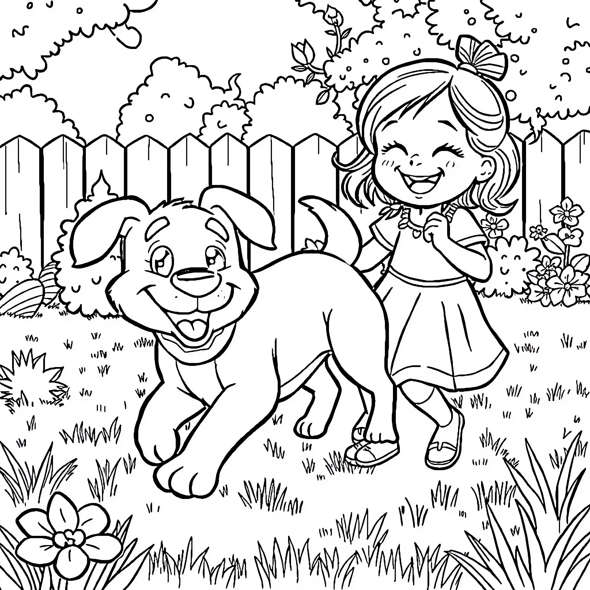 Bluey playing happily with her dog in the backyard Coloring Page (free black-and-white line drawing printable PDF for all, from beginners to advanced learners, including children, teens, adults, and seniors)