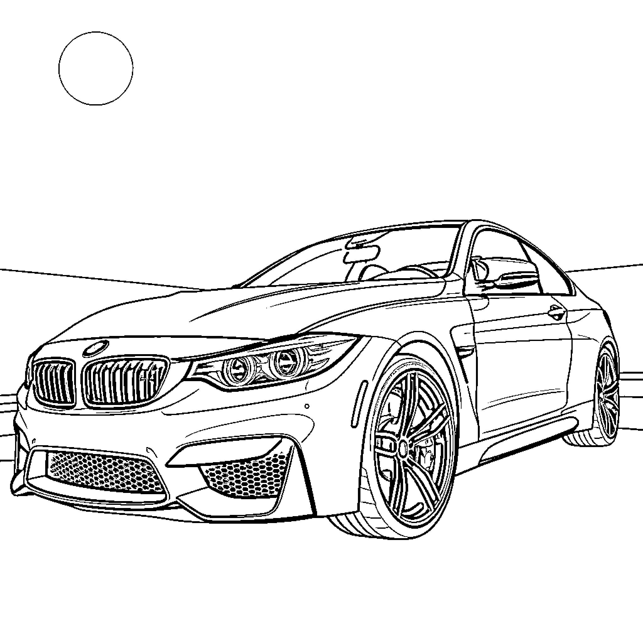 BMW sports car racing on the road Coloring Page (free black-and-white line drawing printable PDF for all, from beginners to advanced learners, including children, teens, adults, and seniors)