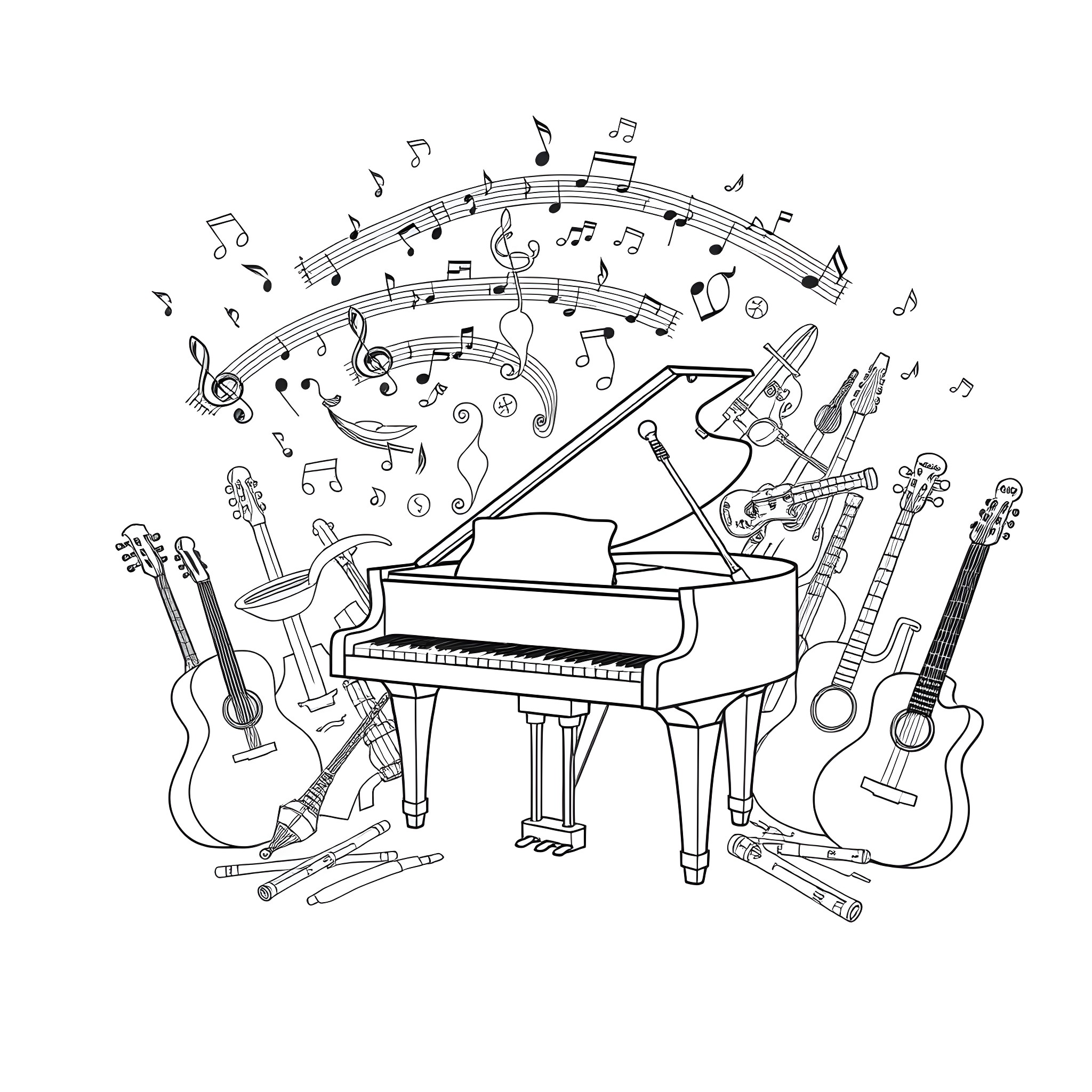 Piano with Whimsical Musical Instruments and Notes Coloring Page (free black-and-white line drawing printable PDF for all, from beginners to advanced learners, including children, teens, adults, and seniors)