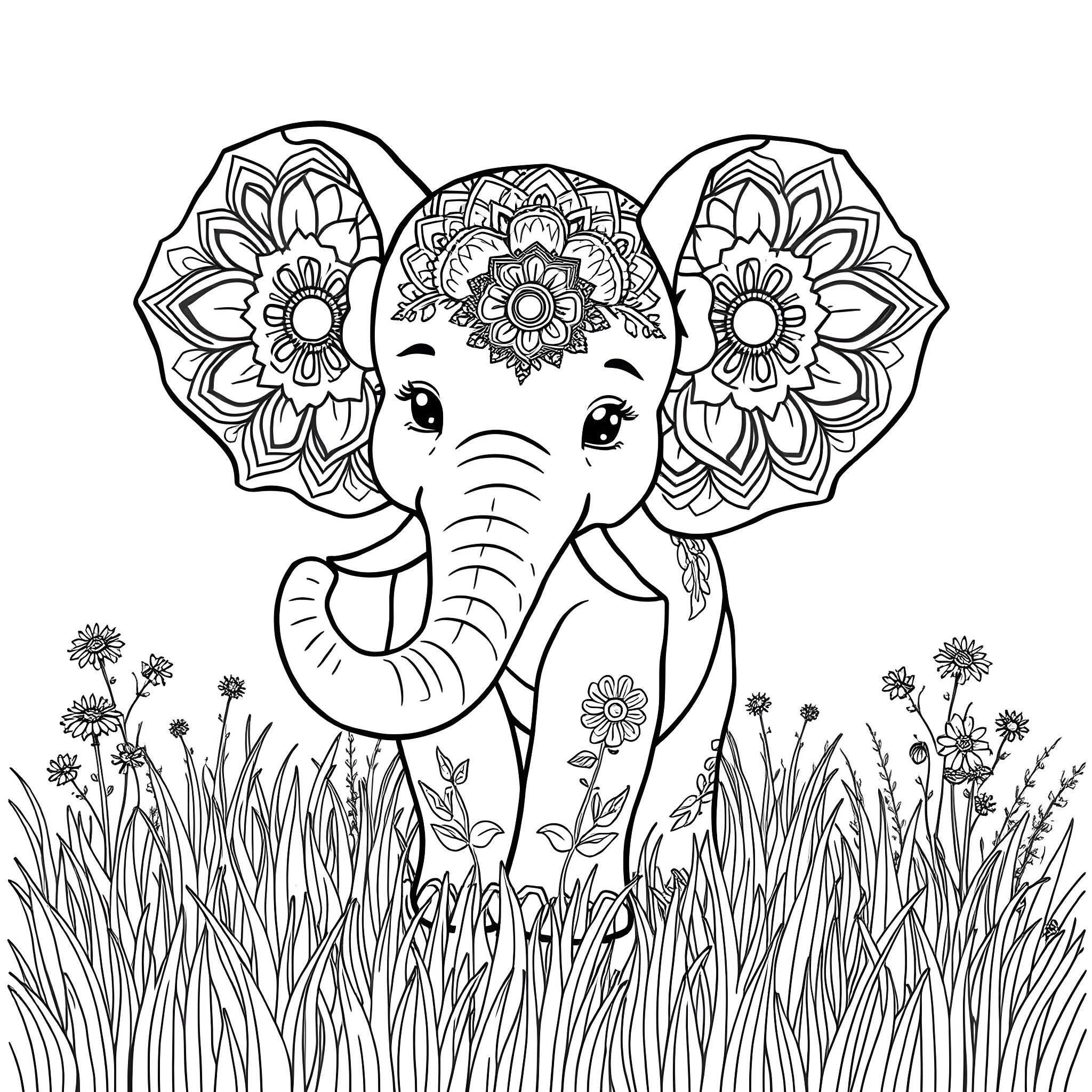 Elephant with Intricate Floral Patterns in a Grassy Field Coloring Page (free black-and-white line drawing printable PDF for all, from beginners to advanced learners, including children, teens, adults, and seniors)