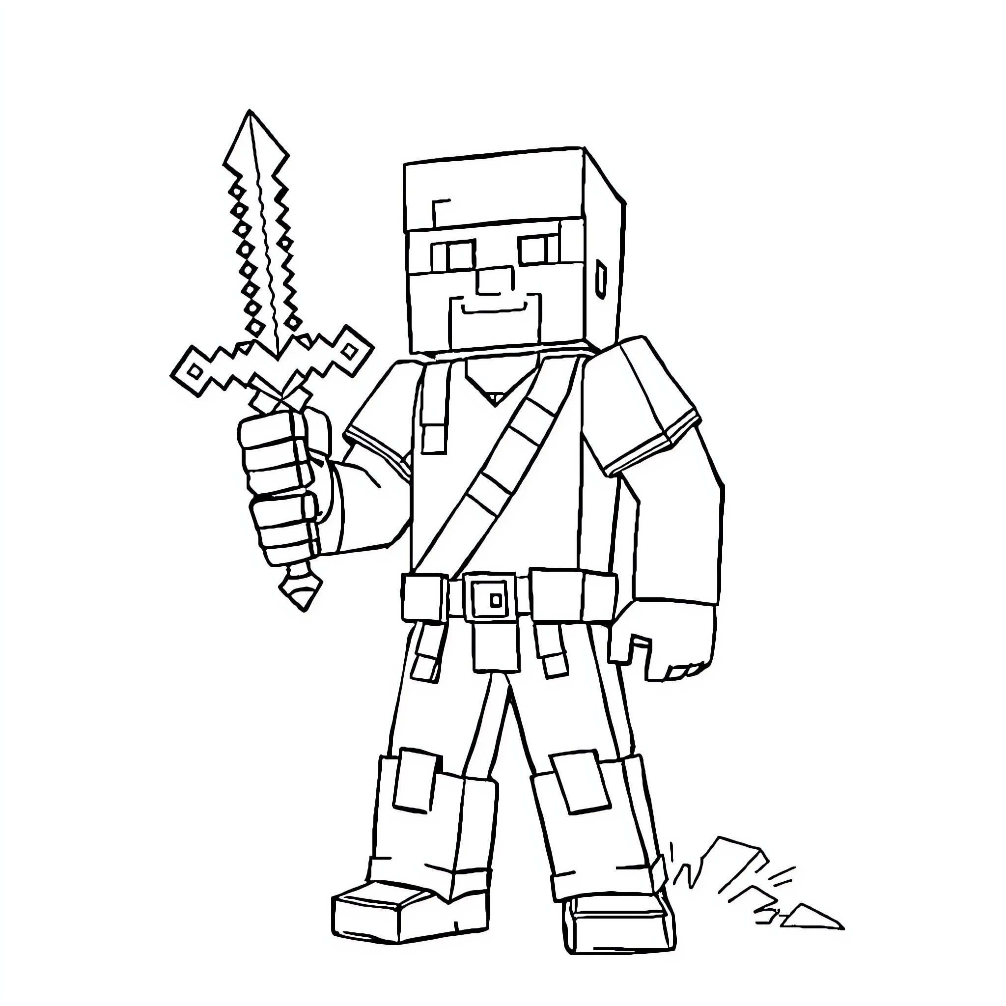 Minecraft Sword-wielding Warrior in Action Pose Coloring Page (free black-and-white line drawing printable PDF for all, from beginners to advanced learners, including children, teens, adults, and seniors)
