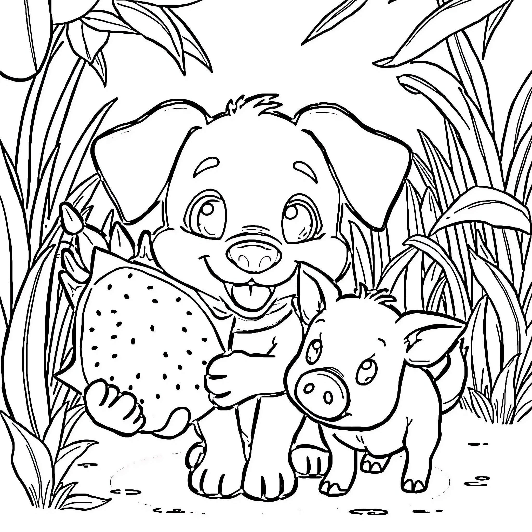 Bluey and Bingo play in the jungle Coloring Page (free black-and-white line drawing printable PDF for all, from beginners to advanced learners, including children, teens, adults, and seniors)