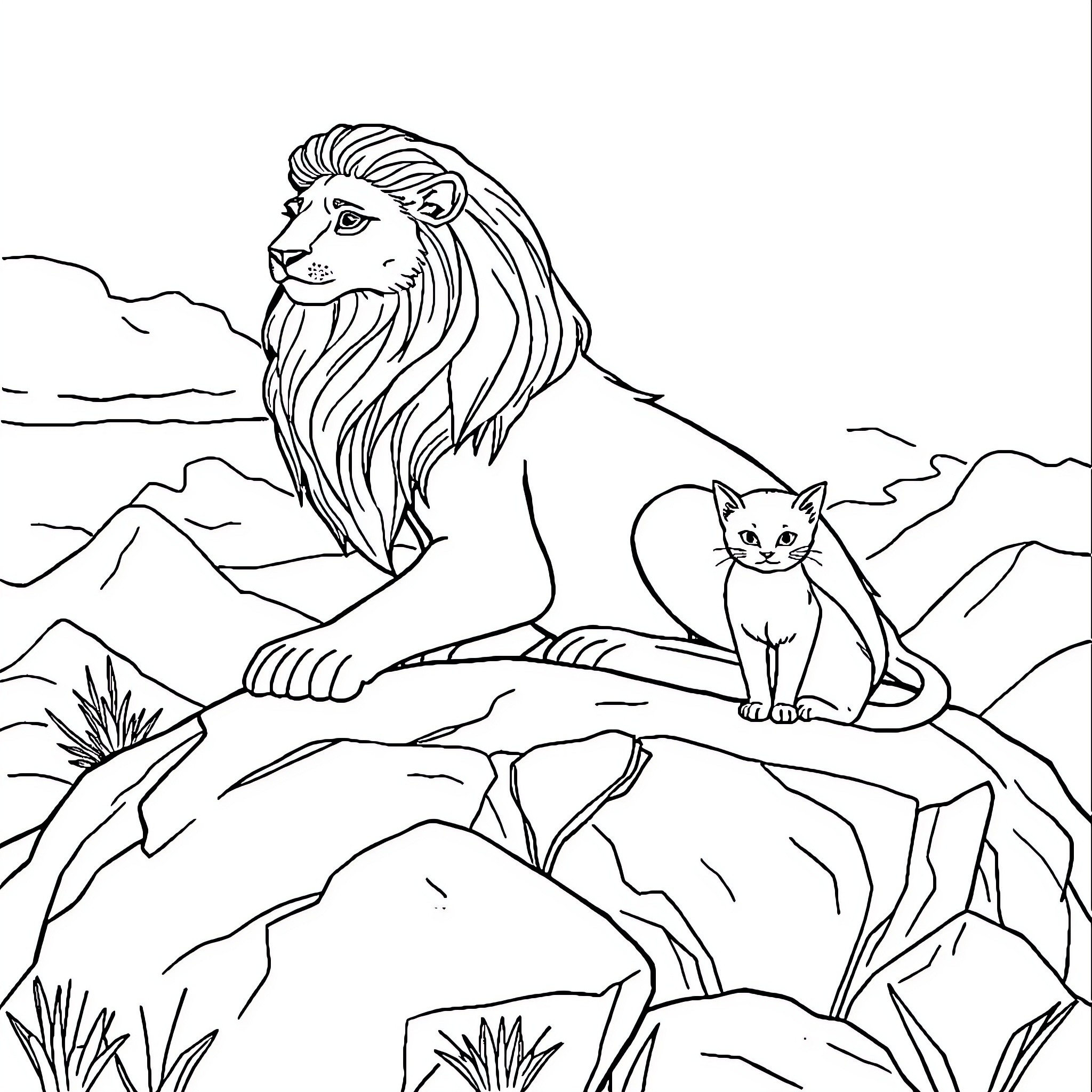 Siren of the Wilderness: Lion and Cat in Majestic Landscape Coloring Page (free black-and-white line drawing printable PDF for all, from beginners to advanced learners, including children, teens, adults, and seniors)