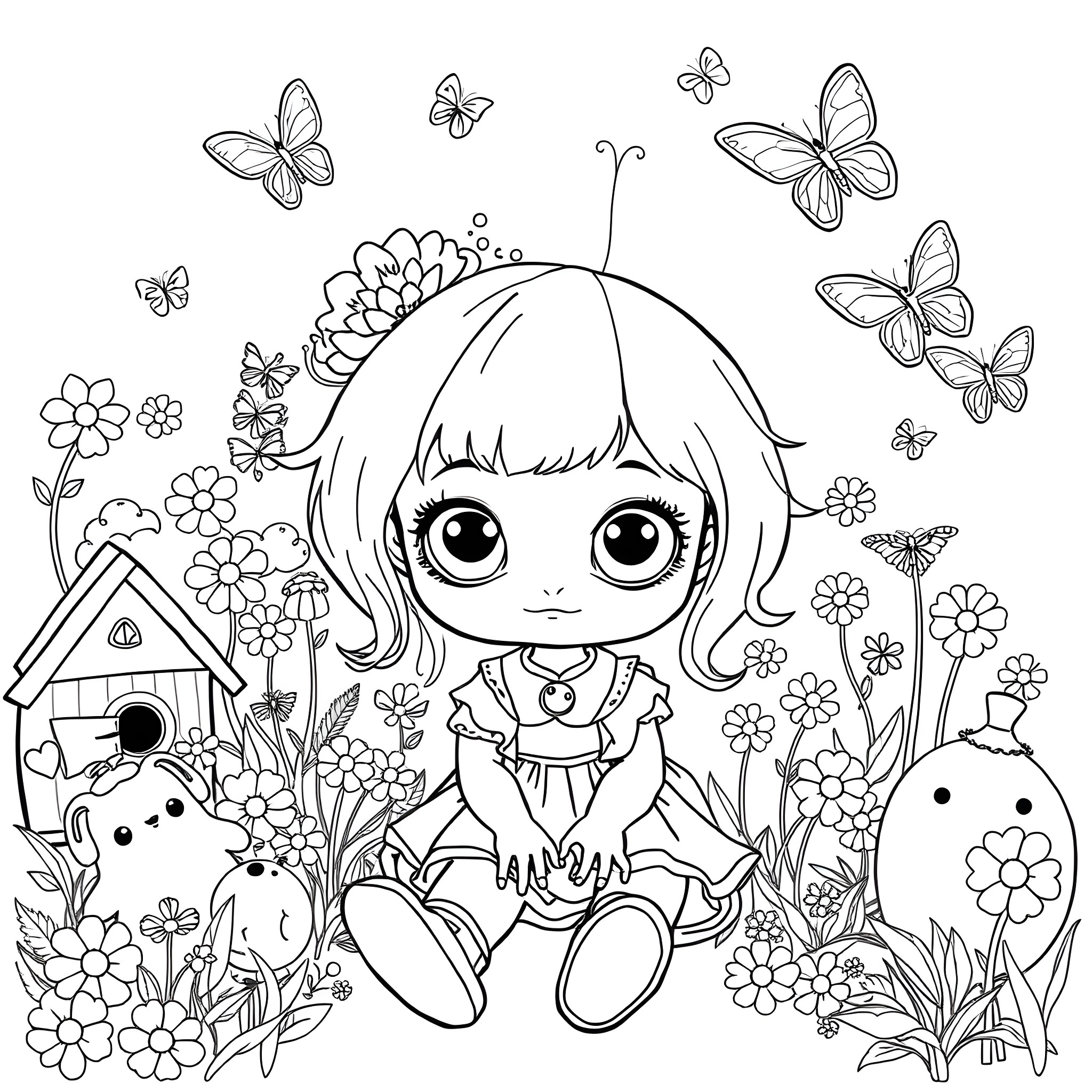 Doll surrounded by butterflies and flowers in garden Coloring Page (free black-and-white line drawing printable PDF for all, from beginners to advanced learners, including children, teens, adults, and seniors)