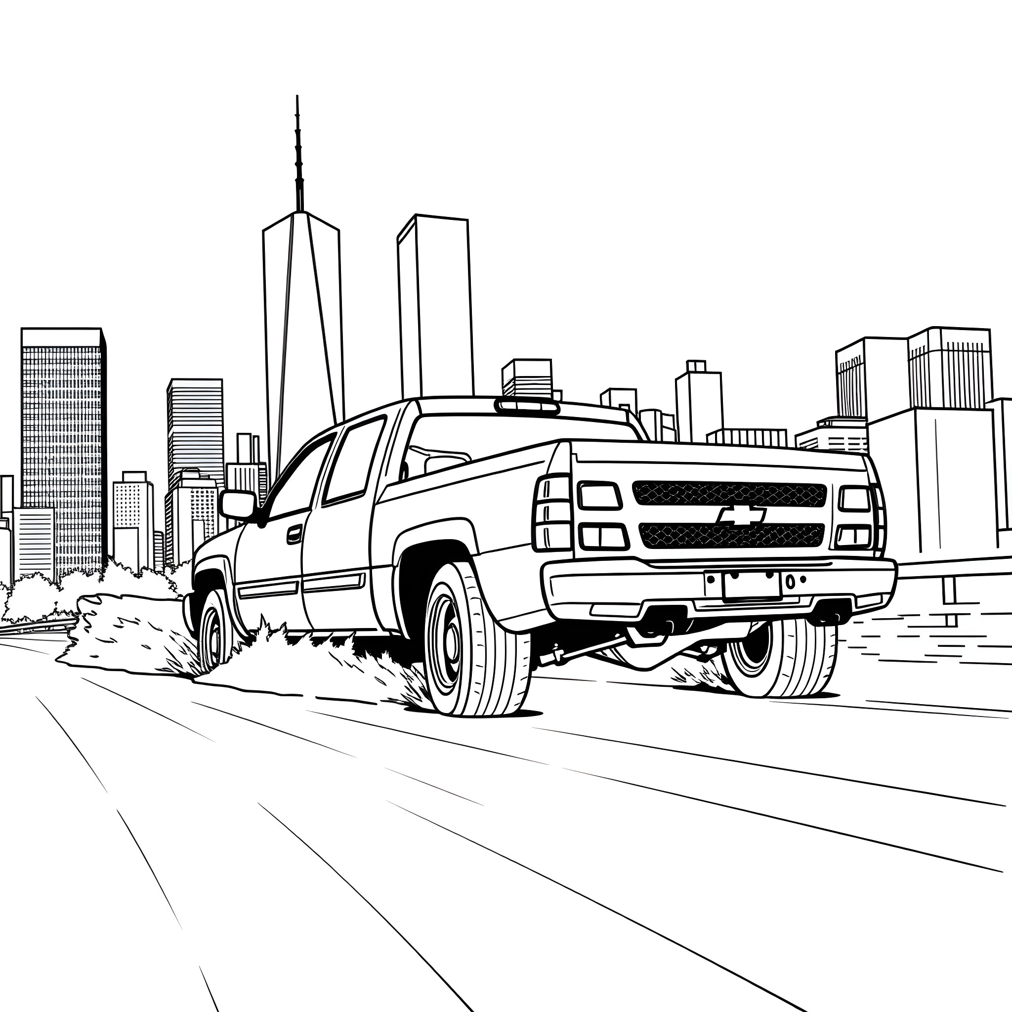 Silverado Pickup Truck in the City Coloring Page (free black-and-white line drawing printable PDF for all, from beginners to advanced learners, including children, teens, adults, and seniors)