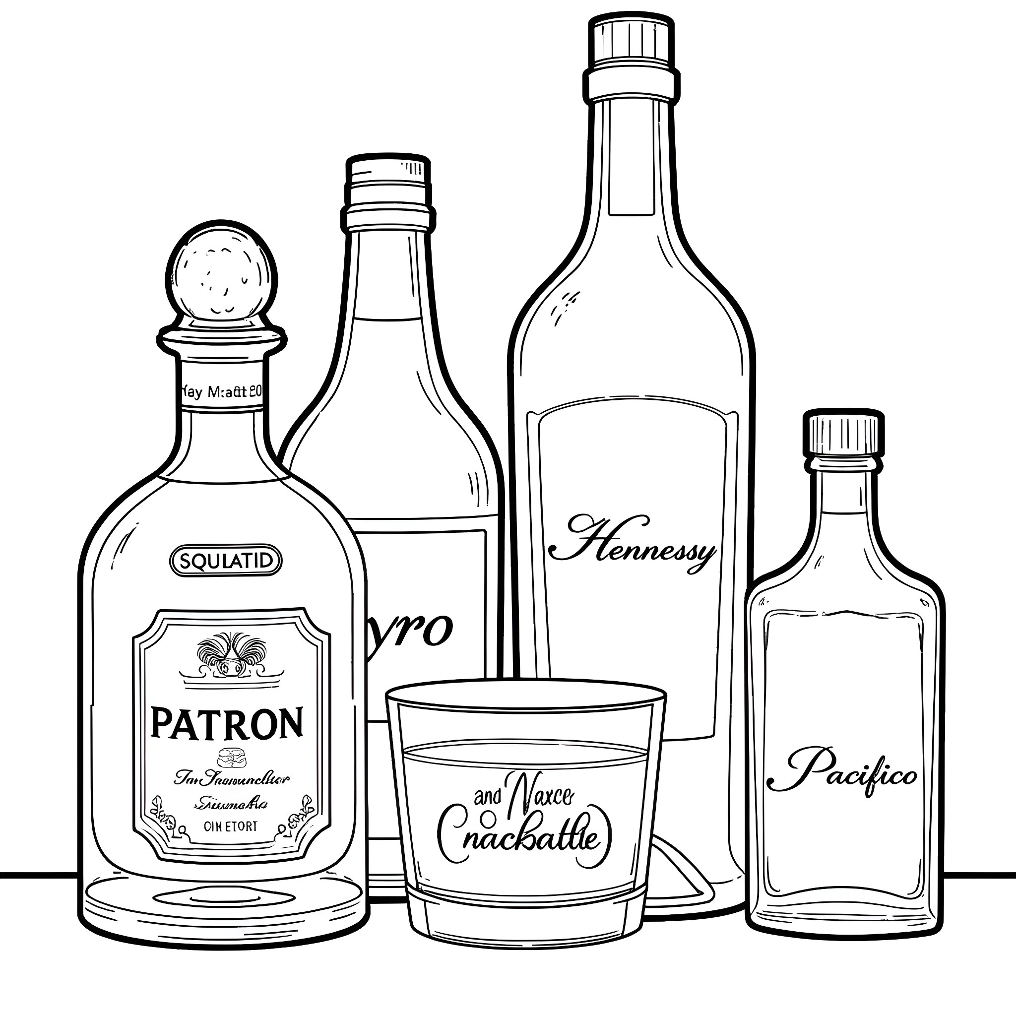 Liquor bottles and glassware arrangement Coloring Page (free black-and-white line drawing printable PDF for all, from beginners to advanced learners, including children, teens, adults, and seniors)