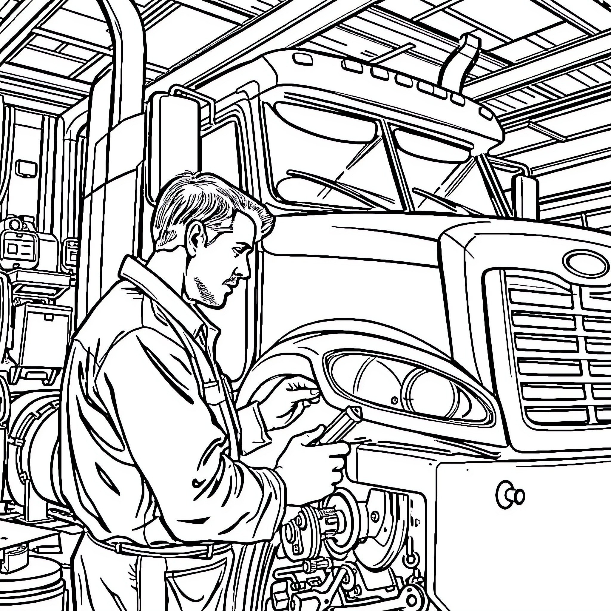 Mechanic Examining Machinery in Repair Shop Coloring Page (free black-and-white line drawing printable PDF for all, from beginners to advanced learners, including children, teens, adults, and seniors)