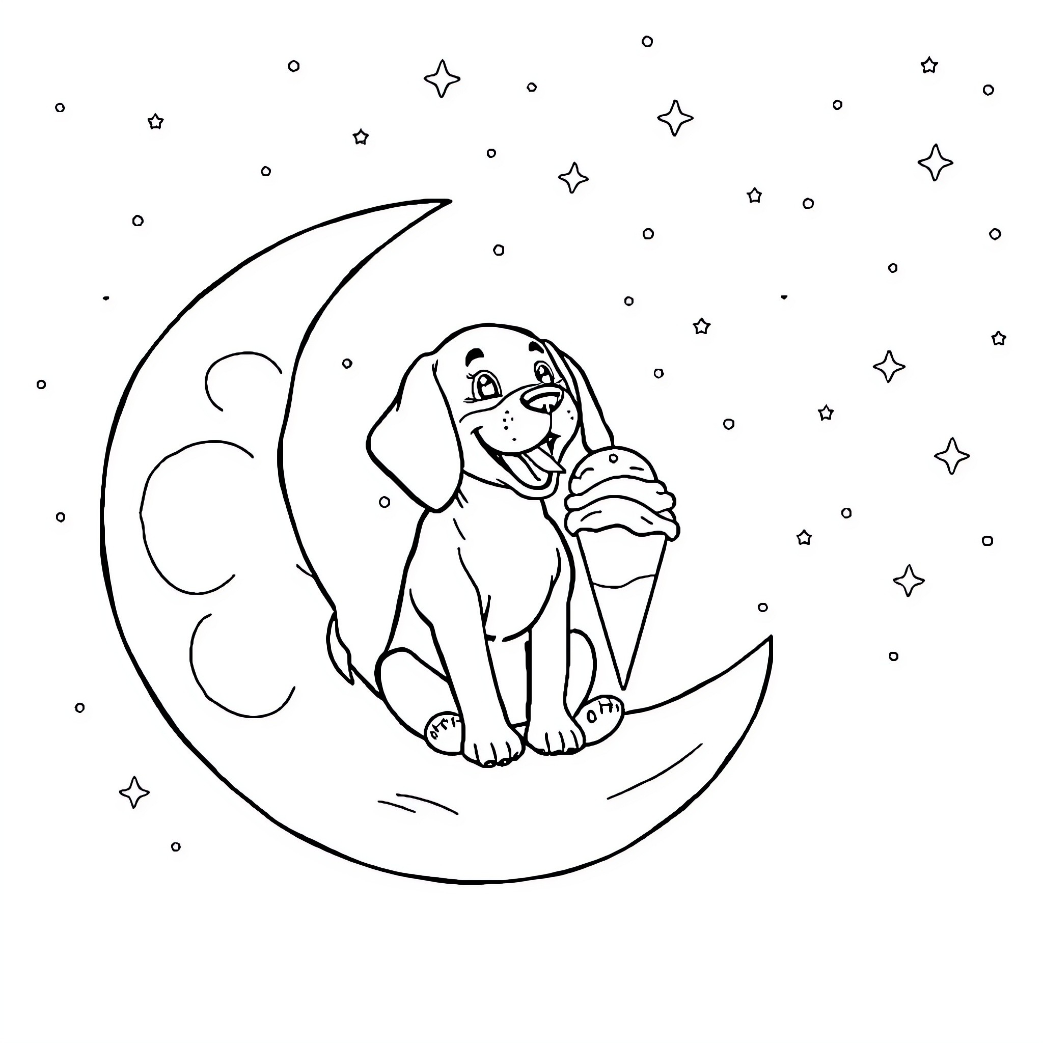 Beagle relaxing on a crescent moon Coloring Page (free black-and-white line drawing printable PDF for all, from beginners to advanced learners, including children, teens, adults, and seniors)