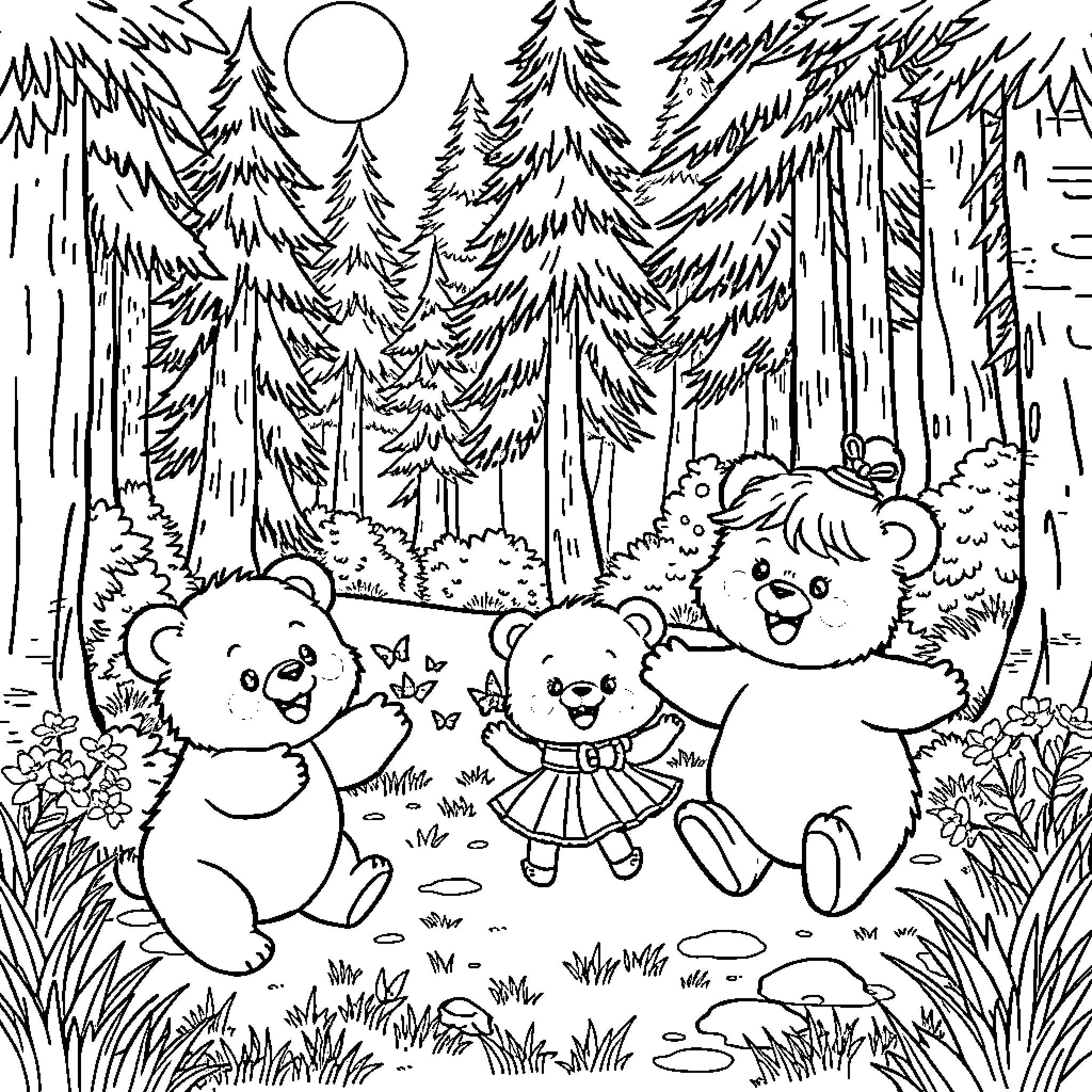 Bear Family Frolicking in the Forest Coloring Page (free black-and-white line drawing printable PDF for all, from beginners to advanced learners, including children, teens, adults, and seniors)