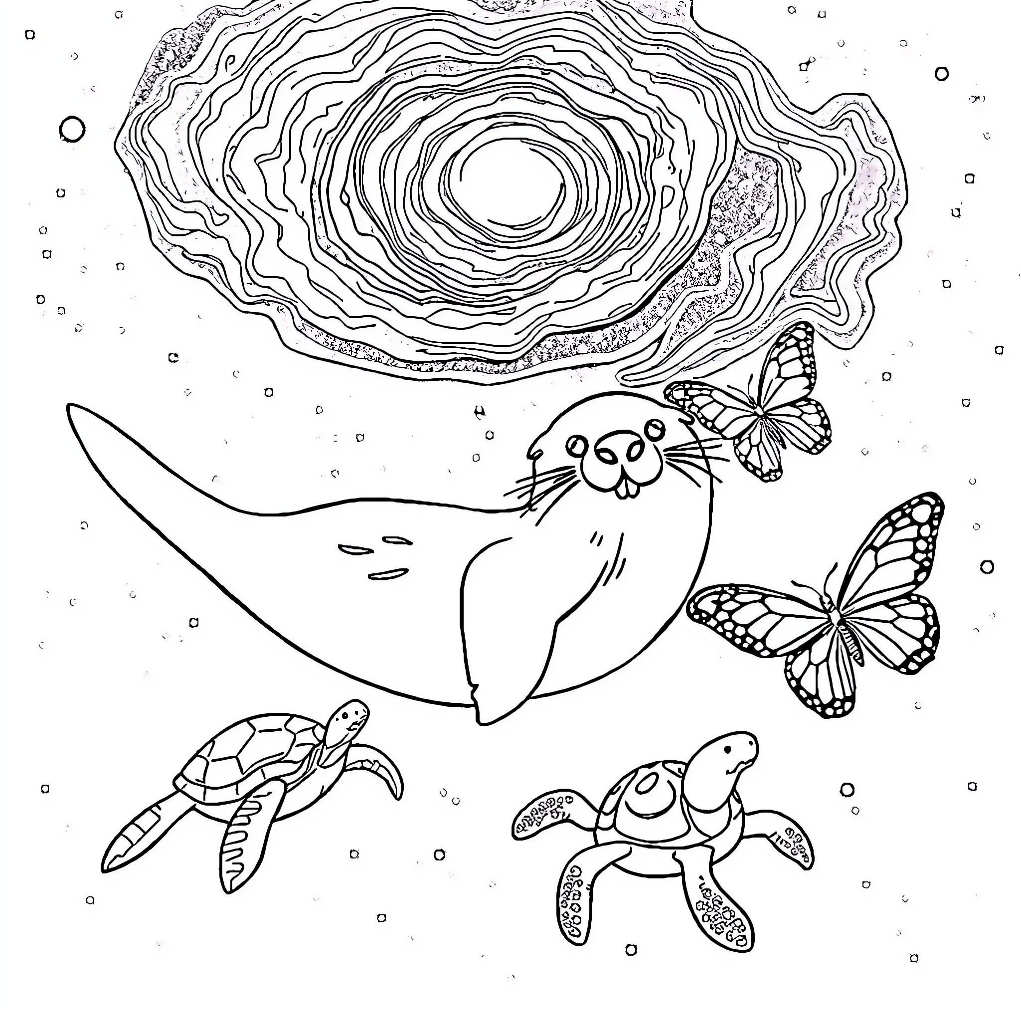 Otter swimming with sea turtles and butterflies Coloring Page (free black-and-white line drawing printable PDF for all, from beginners to advanced learners, including children, teens, adults, and seniors)