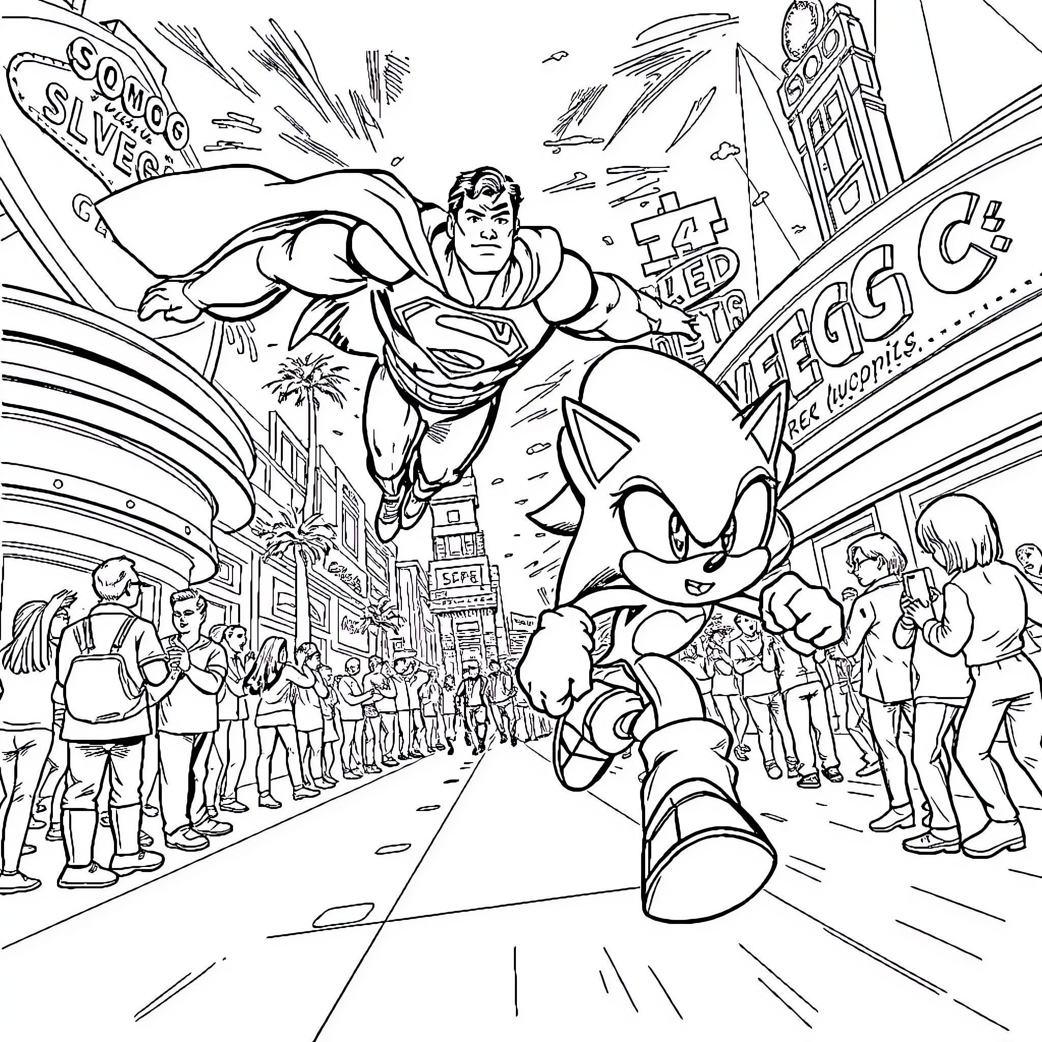 Superman and Sonic race through the busy city Coloring Page (free black-and-white line drawing printable PDF for all, from beginners to advanced learners, including children, teens, adults, and seniors)