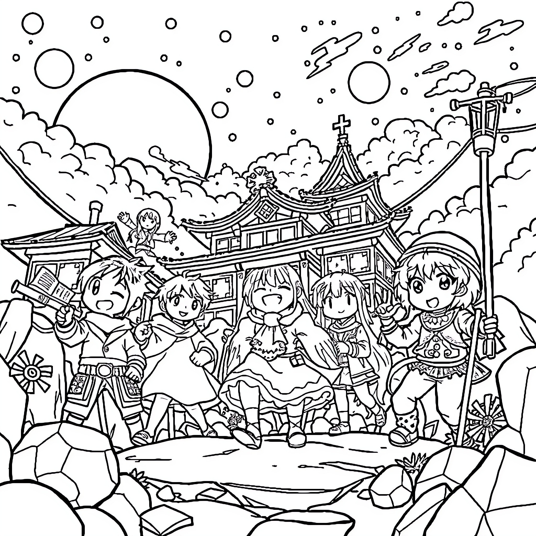 Anime Characters Enjoying a Vibrant Celebration Coloring Page (free black-and-white line drawing printable PDF for all, from beginners to advanced learners, including children, teens, adults, and seniors)