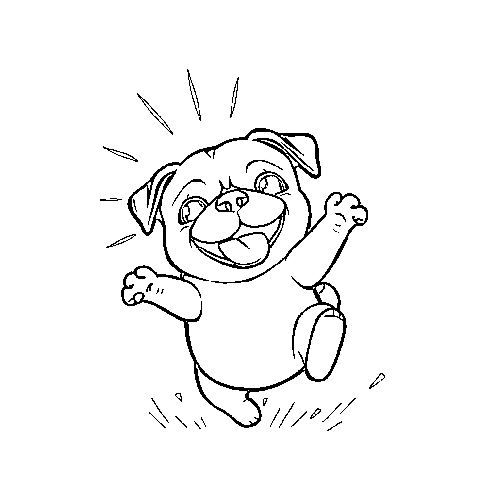 Pug happily jumping with excitement Coloring Page (free black-and-white line drawing printable PDF for all, from beginners to advanced learners, including children, teens, adults, and seniors)