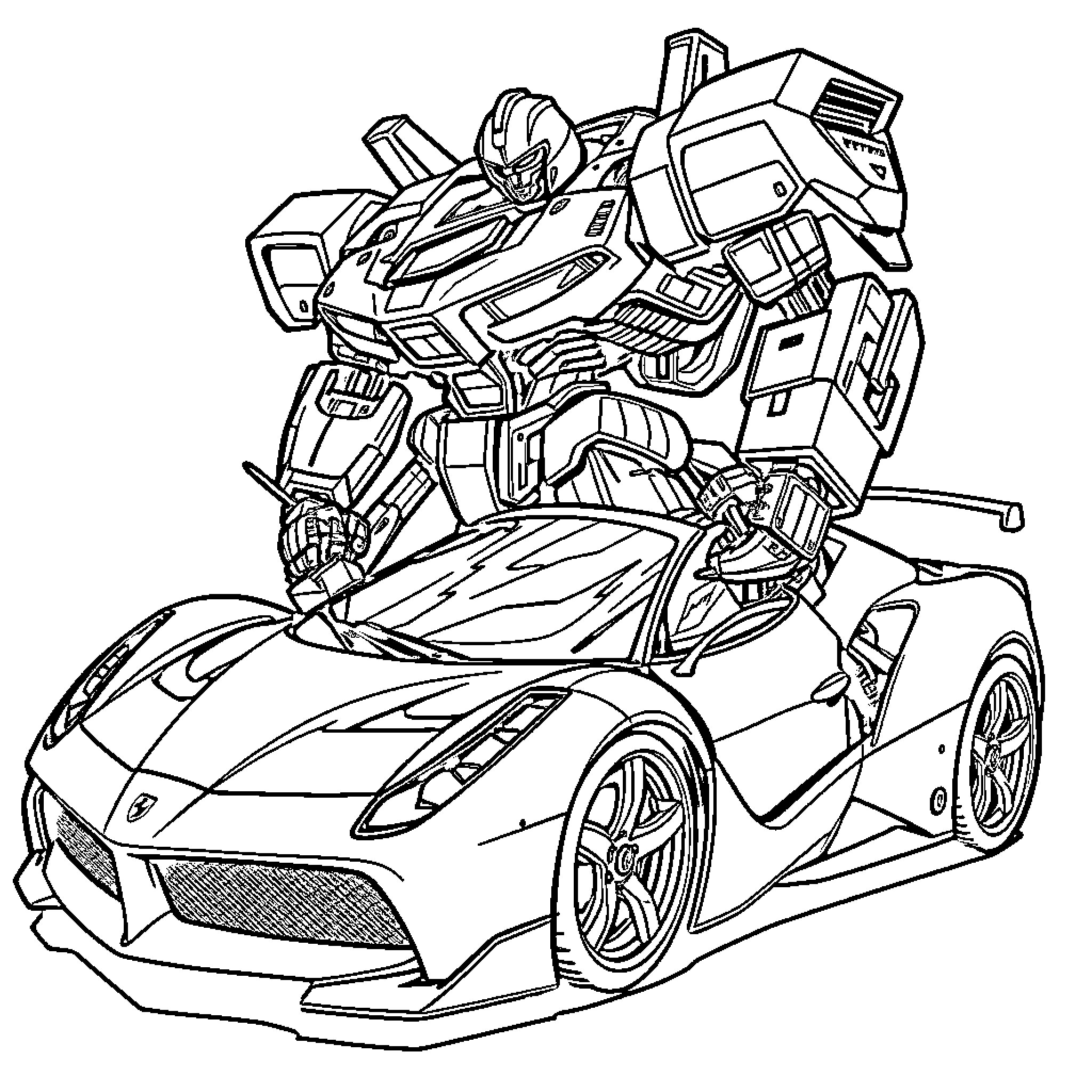 Ferrari Transforming Robot Supercar Illustration Coloring Page (free black-and-white line drawing printable PDF for all, from beginners to advanced learners, including children, teens, adults, and seniors)