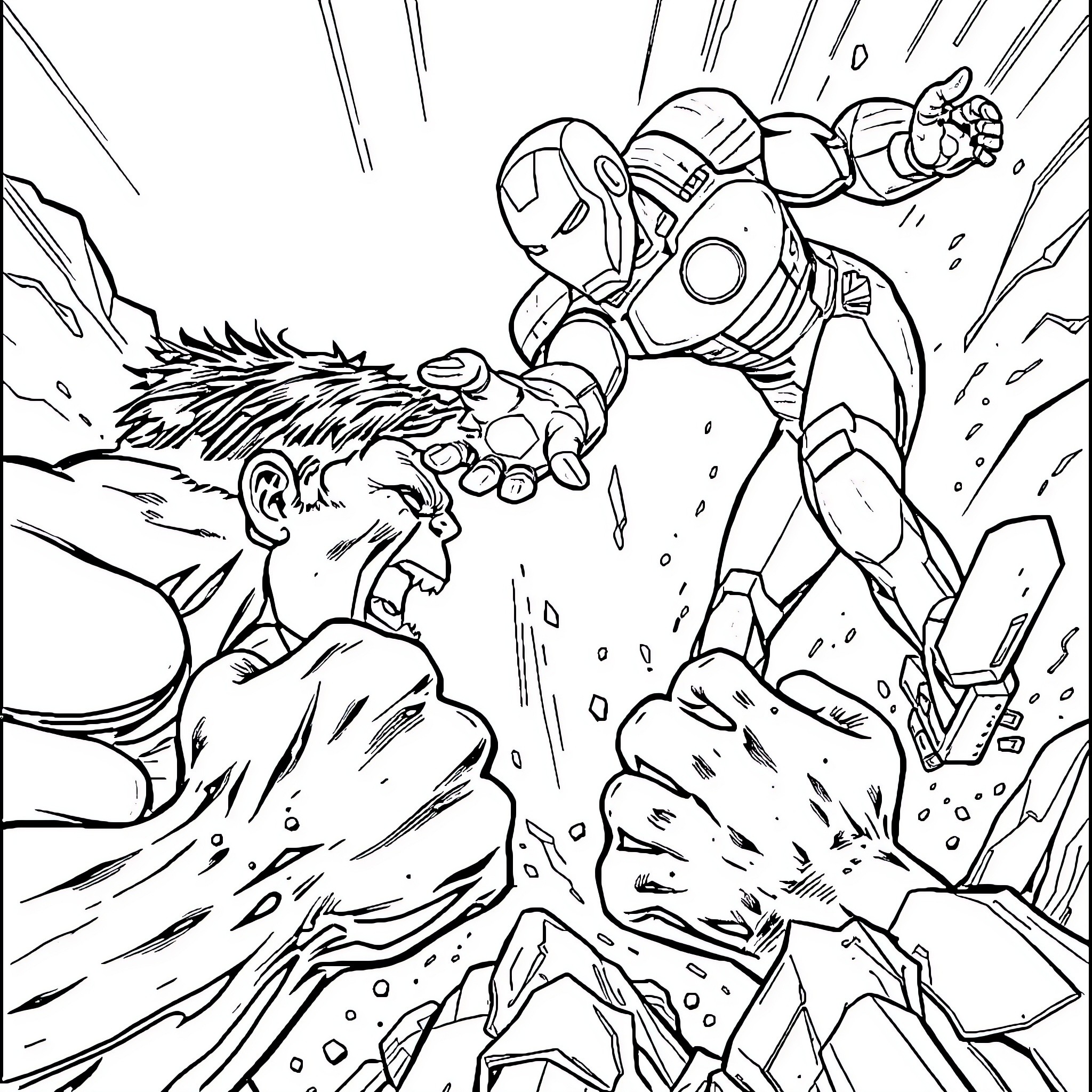Hulk battles Iron Man in intense superhero clash Coloring Page (free black-and-white line drawing printable PDF for all, from beginners to advanced learners, including children, teens, adults, and seniors)